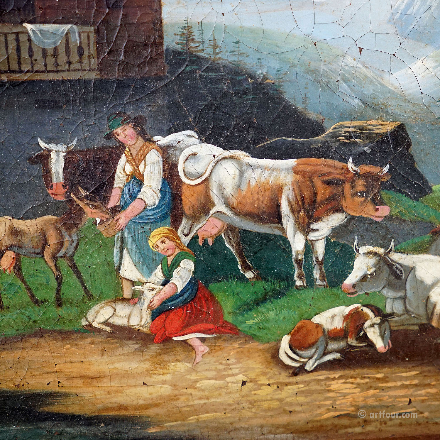 Oil Painting Folksy Scenery with Cattles, Goats and Farmer's Wifes, ca. 1900s
