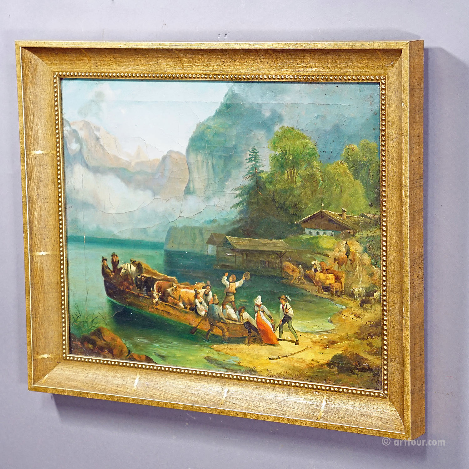 Unknown - Painting Cattle Carriage on an Alpine Lake, Oil on Canvas 19th century