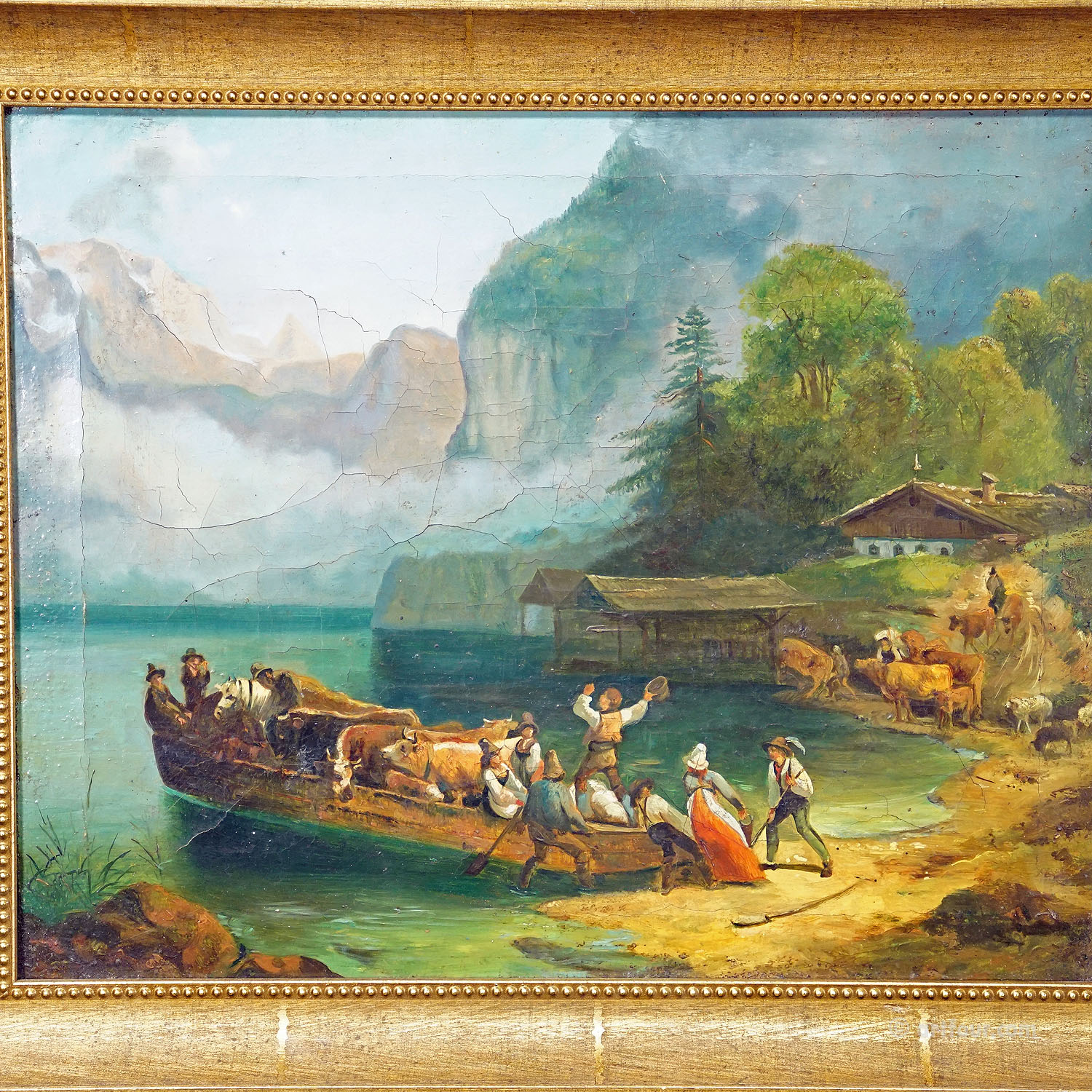 Unknown - Painting Cattle Carriage on an Alpine Lake, Oil on Canvas 19th century