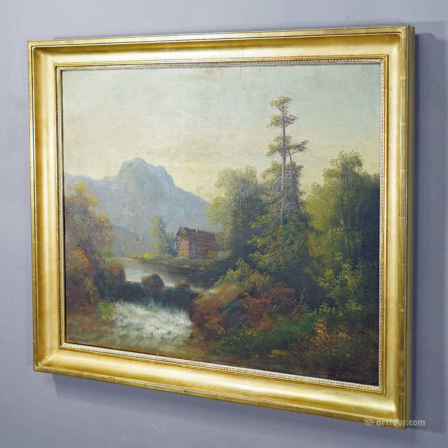 Painting Summerly Mountain Landscape with Water Fall and Mountain Hut, 19th century
