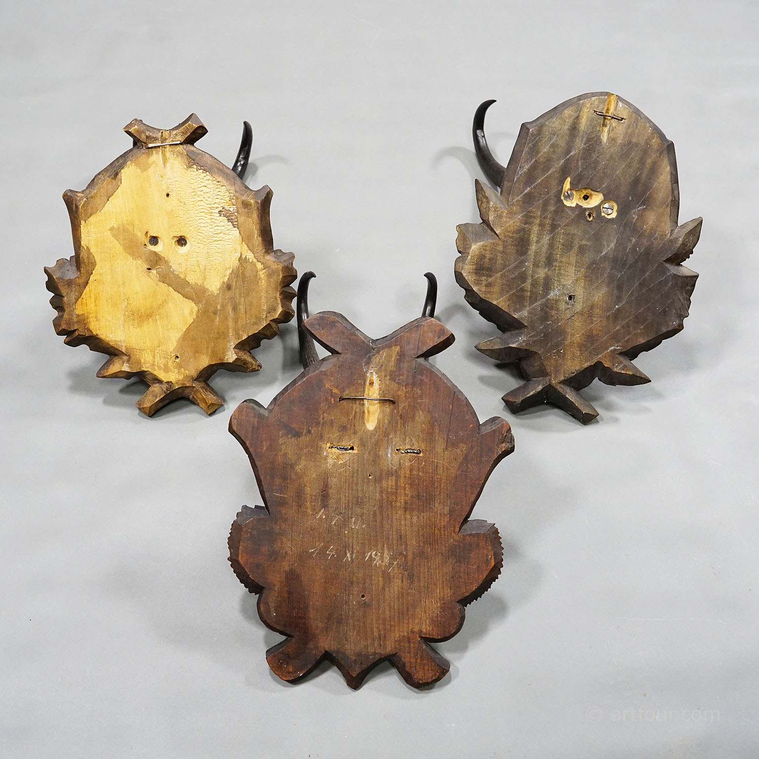 Six Antique Chamois Trophies on Wooden Carved Plaques Germany ca. 1930s