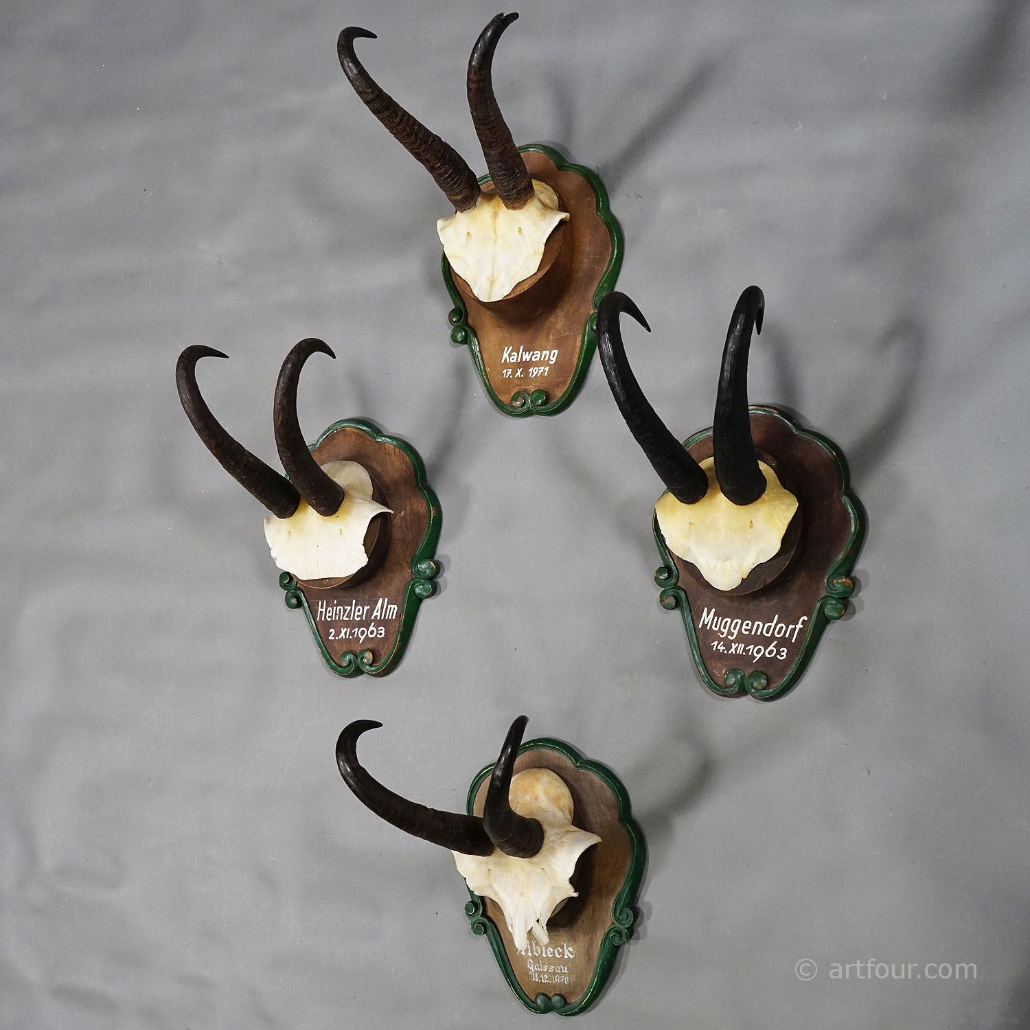 Set of Four Vintage Chamois Trophies on Wooden Carved Plaques, Germany 1960s-70s