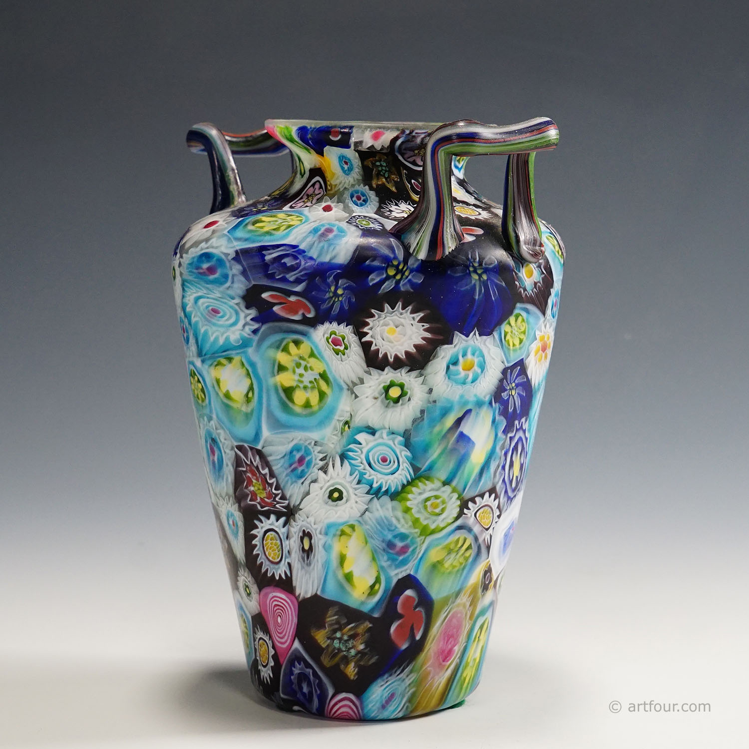 Large Multicoloured Millefiori Vase with Handles, Fratelli Toso Murano 1910