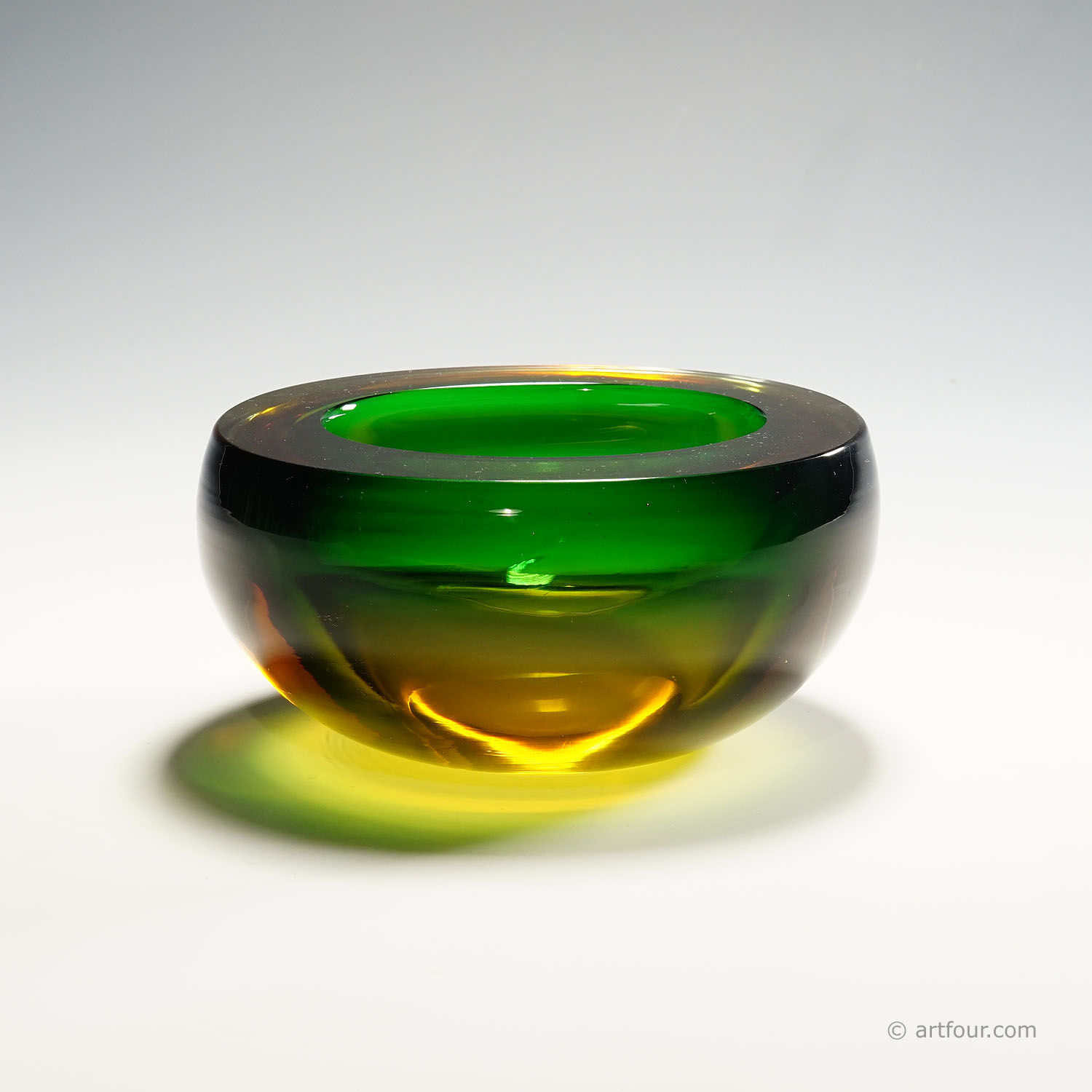 Midcentury Modern Murano Green and Amber Sommerso Art Glass Bowl 1960s