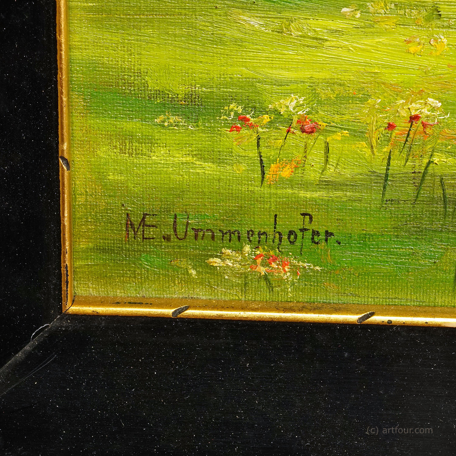 Antique Oil Painting Farm Girl on a Flower Meadow by M. E. Ummenhofer