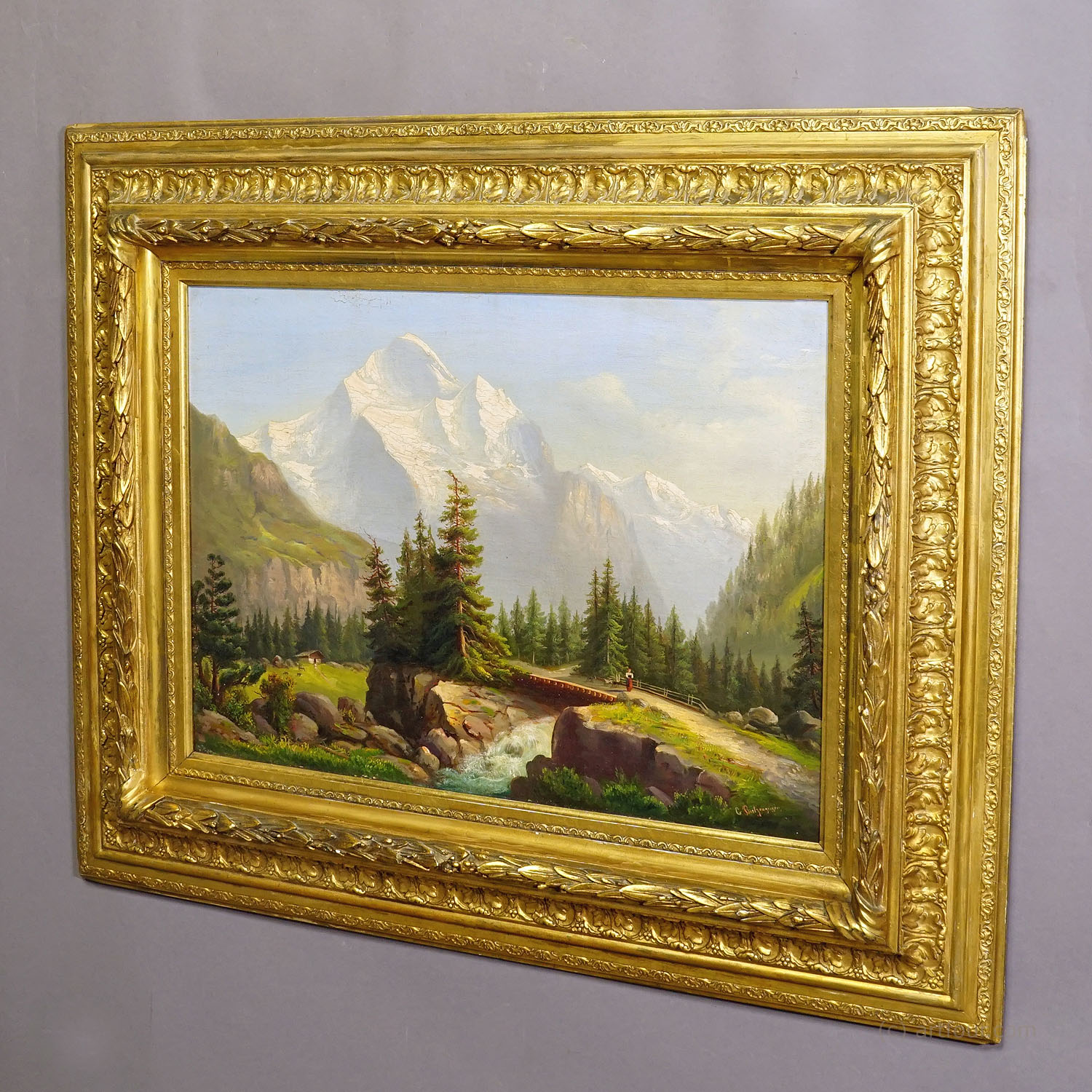 G. Butzengeiger Mountain Stream with Mountain Jungfrau, Oil on Canvas, 19th