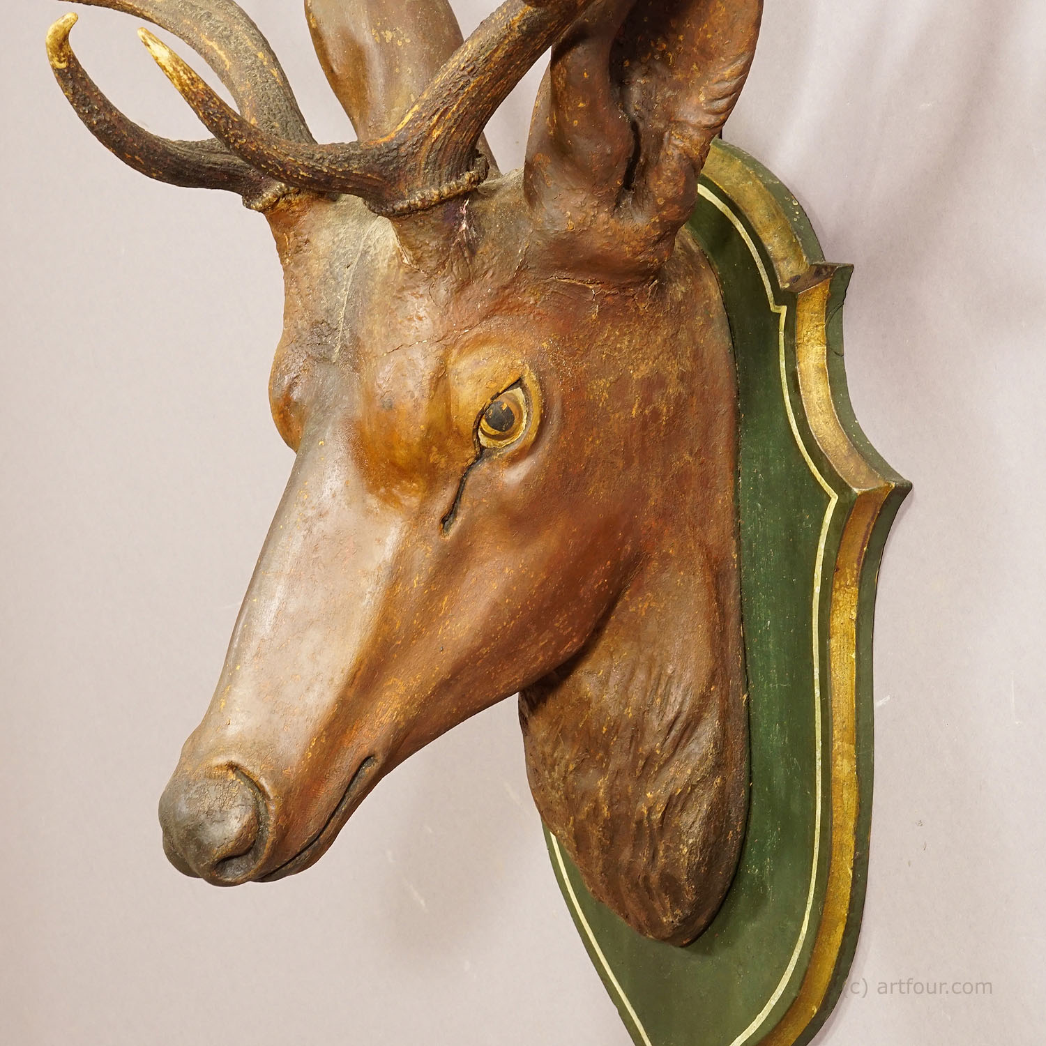 Large Naturalistic Black Forest Carved Fallow Deer Head, ca. 1910