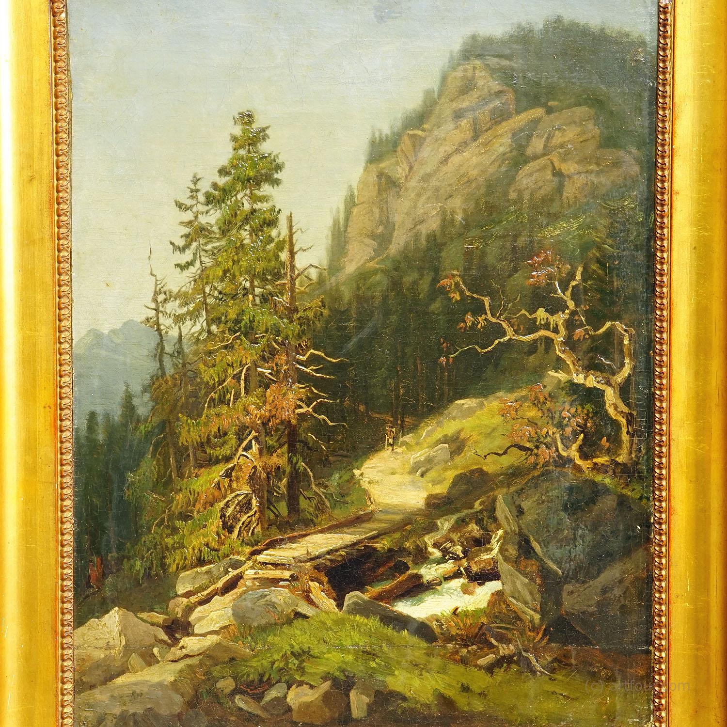 Summerly Mountain Landscape with Hiker on Hiking Trail, 19th century