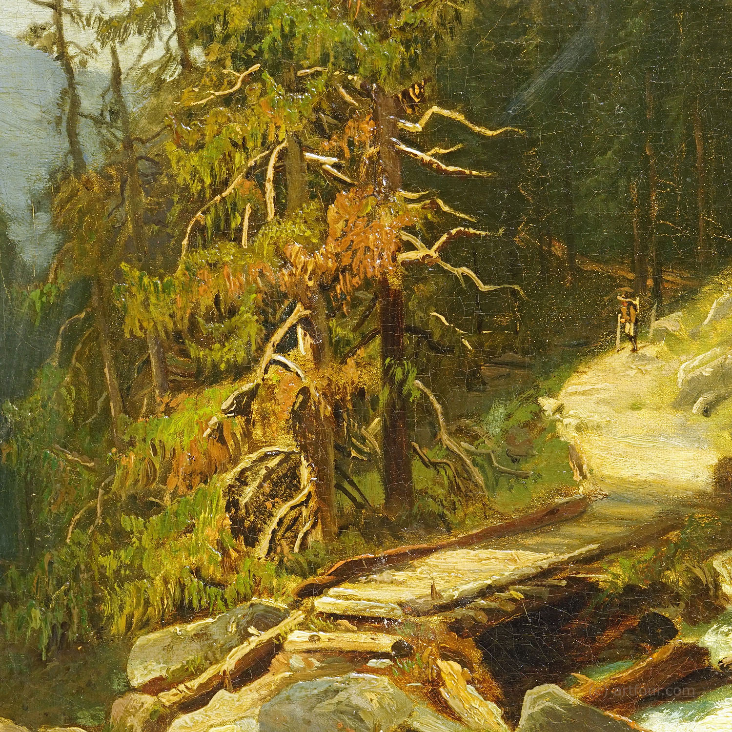 Summerly Mountain Landscape with Hiker on Hiking Trail, 19th century