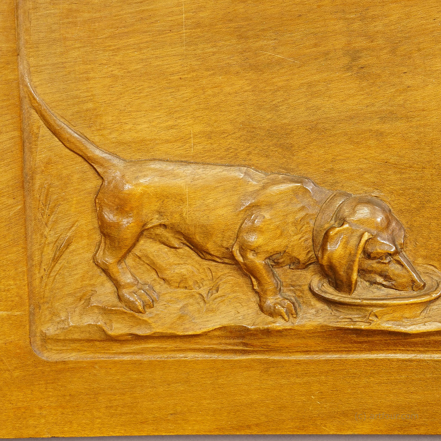 Wall Relief Wood Carving with Farmer Boy and Dachshund ca. 1900