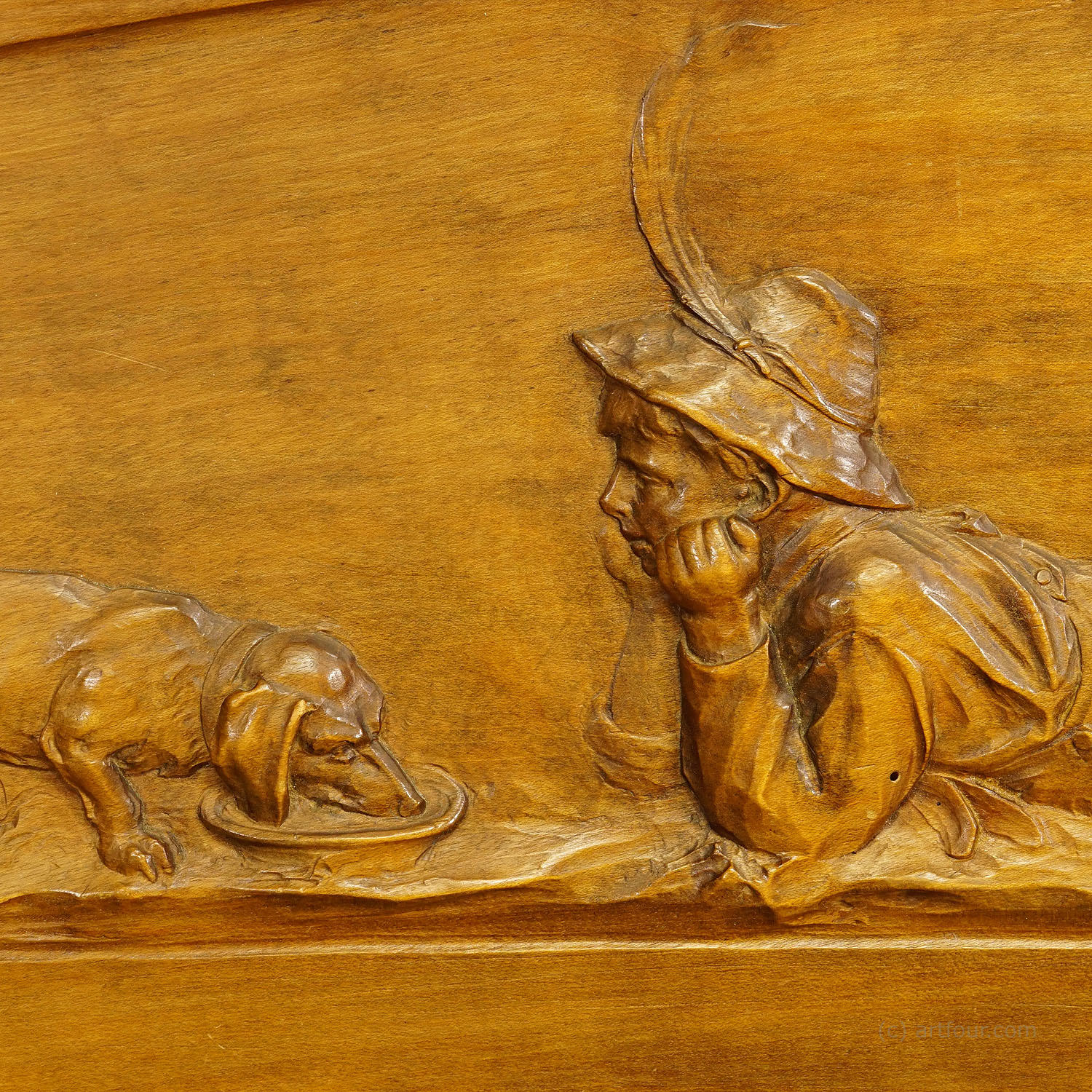 Wall Relief Wood Carving with Farmer Boy and Dachshund ca. 1900