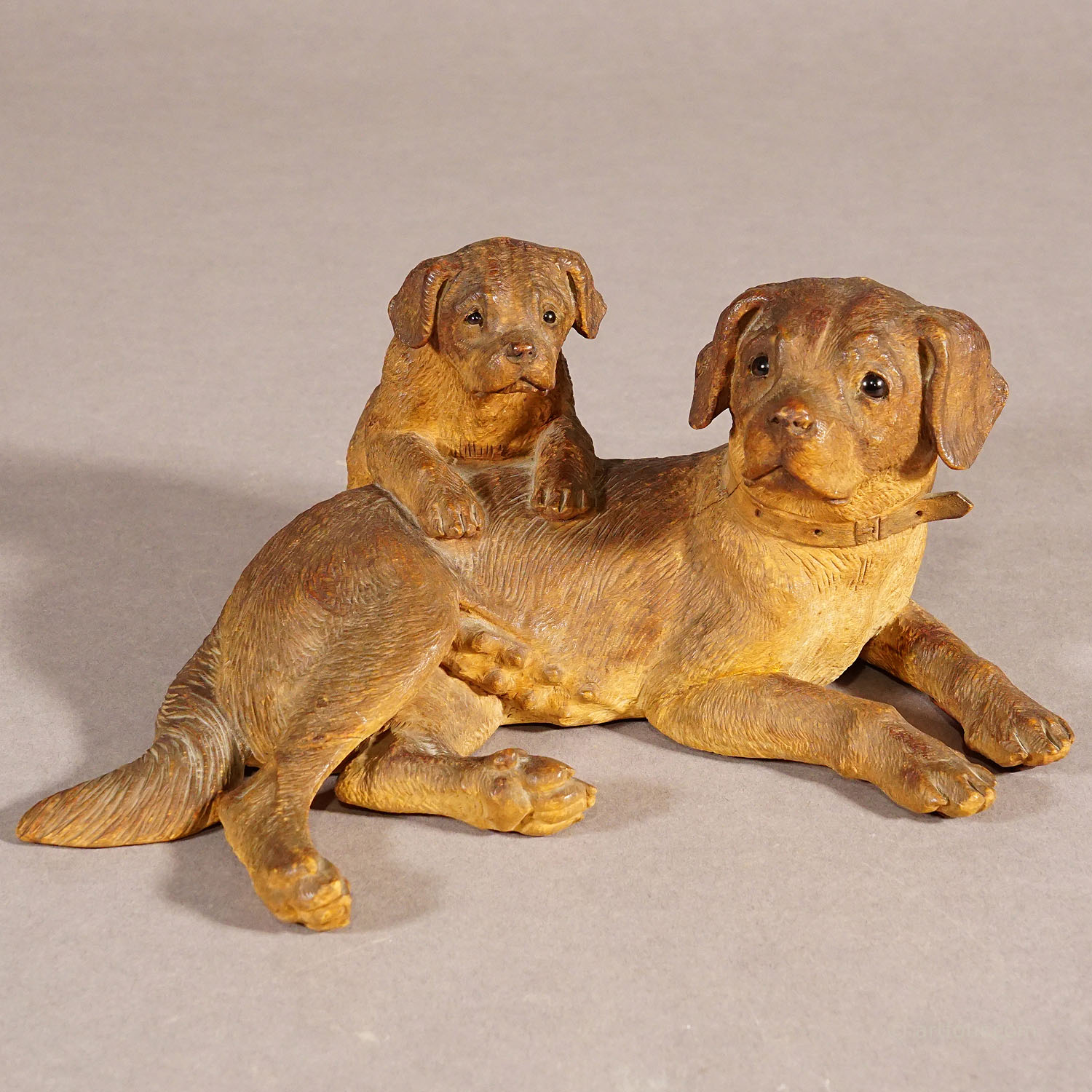 Antique Wooden Carved Statue of a Retriver with Puppy, Brienz ca. 1900