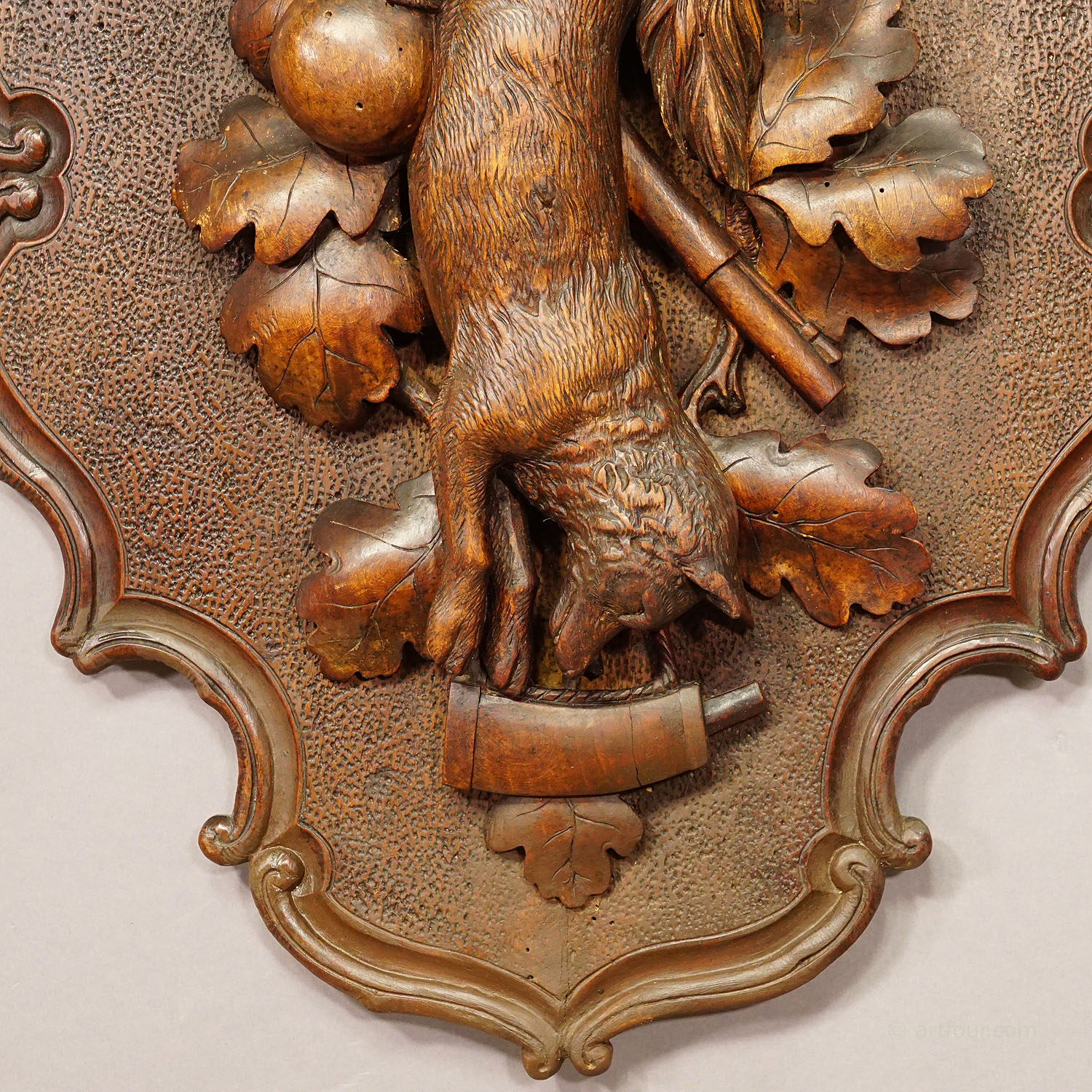 Antique Wooden Carved Black Forest Game Plaque with Fox