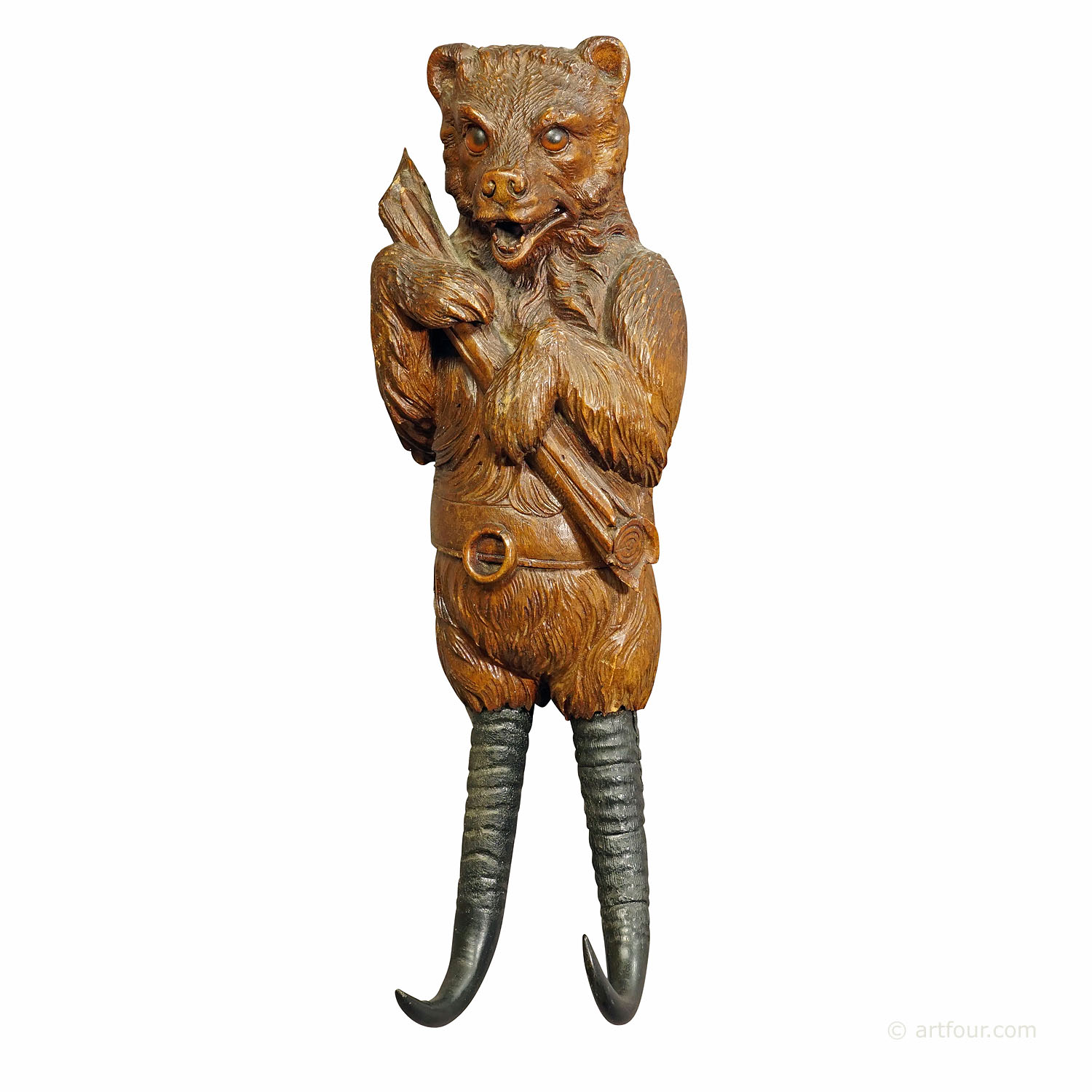 Black Forest Rustic Carved Wooden Coat Hook with Bear