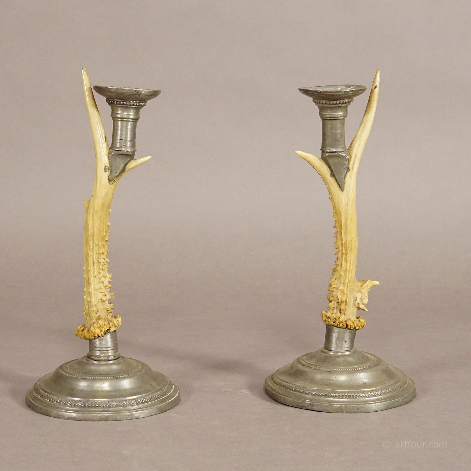 A Pair Black Forest Candle Holders with Pewter Base and Spout, Germany ca. 1860s
