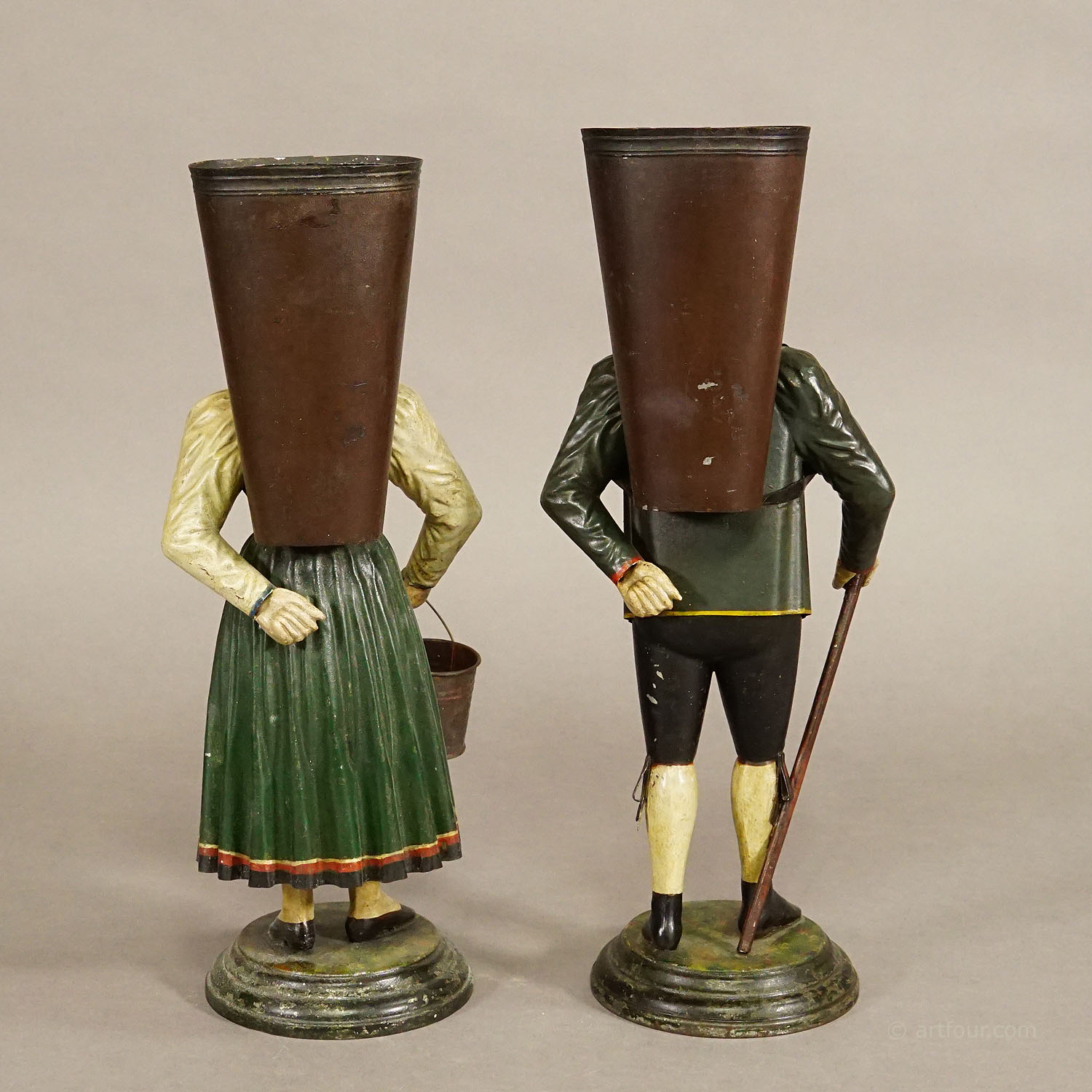 Rare Pair of Tin Figurines Winegrover and Wife with Panniers by J. M. Issmayer ca. 1840s