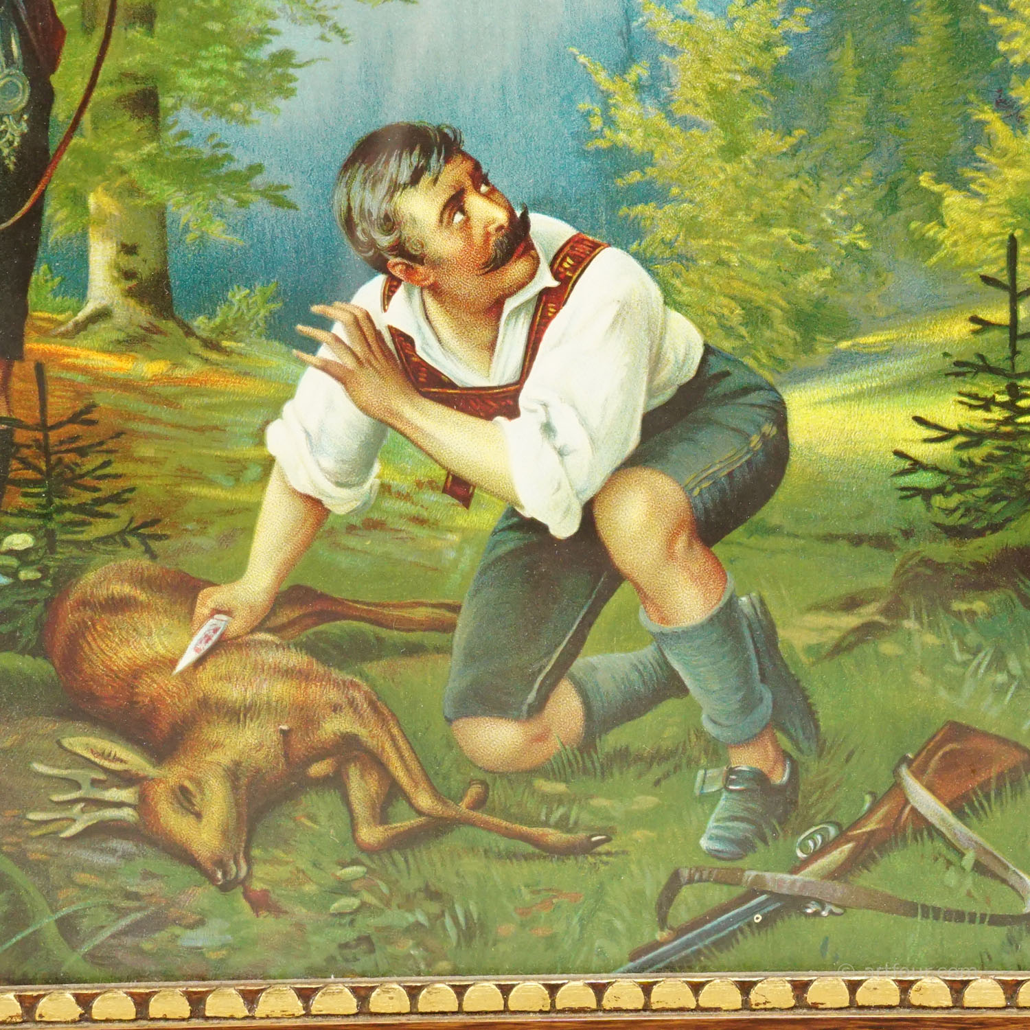 Antique Oil Print with Black Forest Poacher Scene after Josef Ringeisen