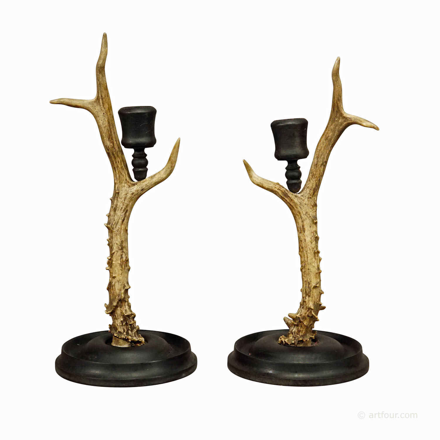 A Pair Vintage Black Forest Candle Holders with Wooden Base and Spout, Germany ca. 1930s