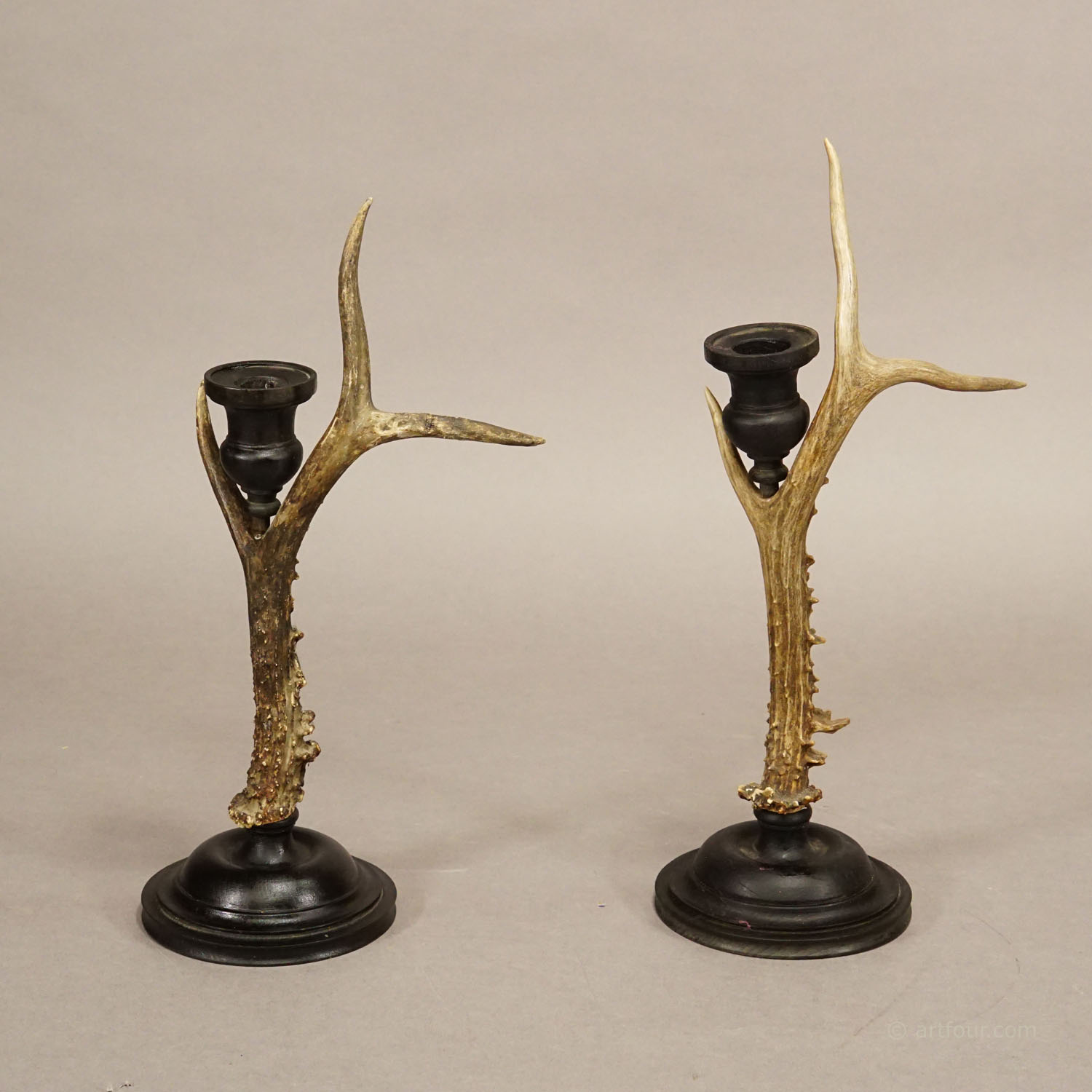 A Pair Vintage Black Forest Candle Holders with Wooden Base and Spout, Germany ca. 1930s