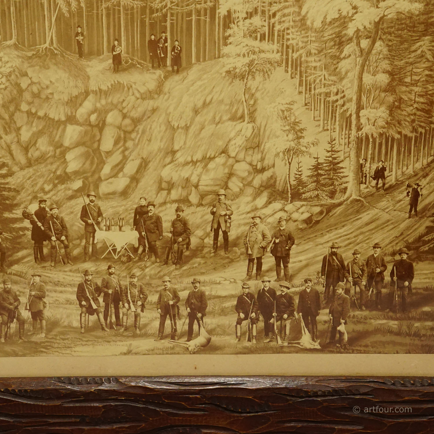 Antique Photo Print Collage with Hunt Company and Game in the Forest