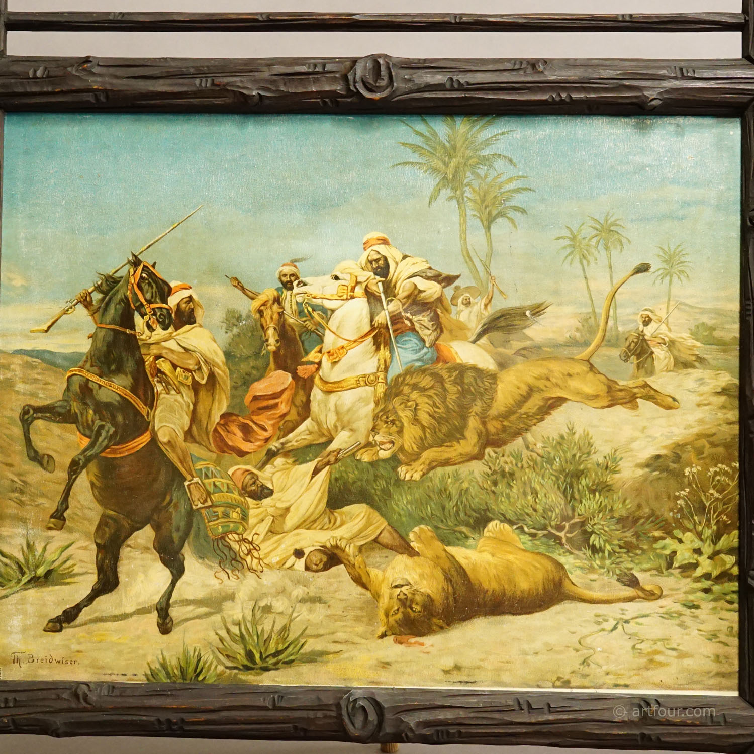 Antique Oil Print with Dramatic Lion Hunting Scene in Arabia 19th century