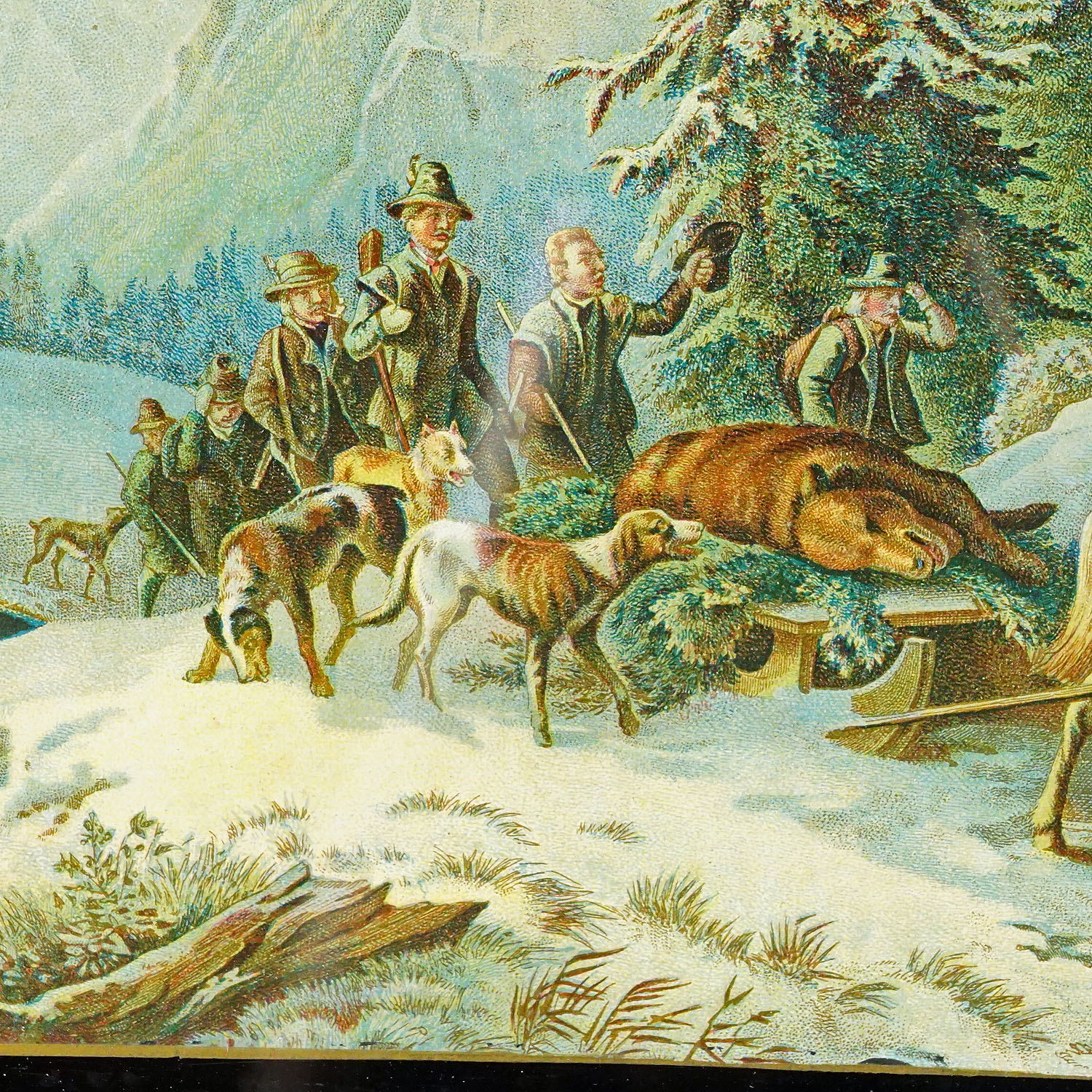 Antique Oil Print with Bear Hunt Scene after Heinrich Buerkel 19th cetntury
