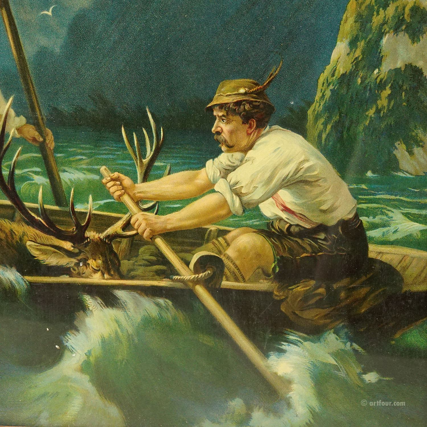 Antique Oil Print with Dramatic Poacher Scene after Josef Ringeisen