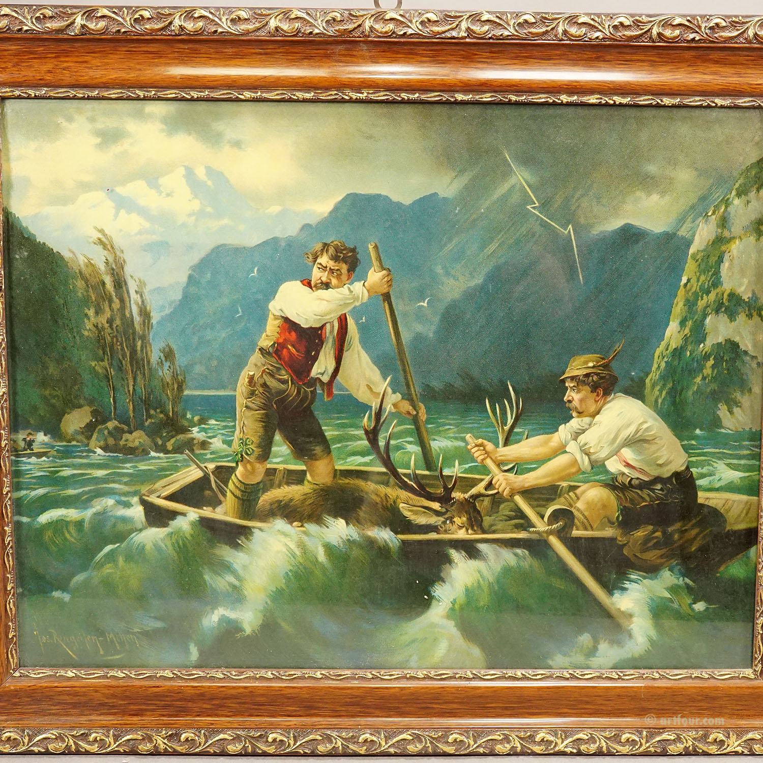 Antique Oil Print with Dramatic Poacher Scene after Josef Ringeisen