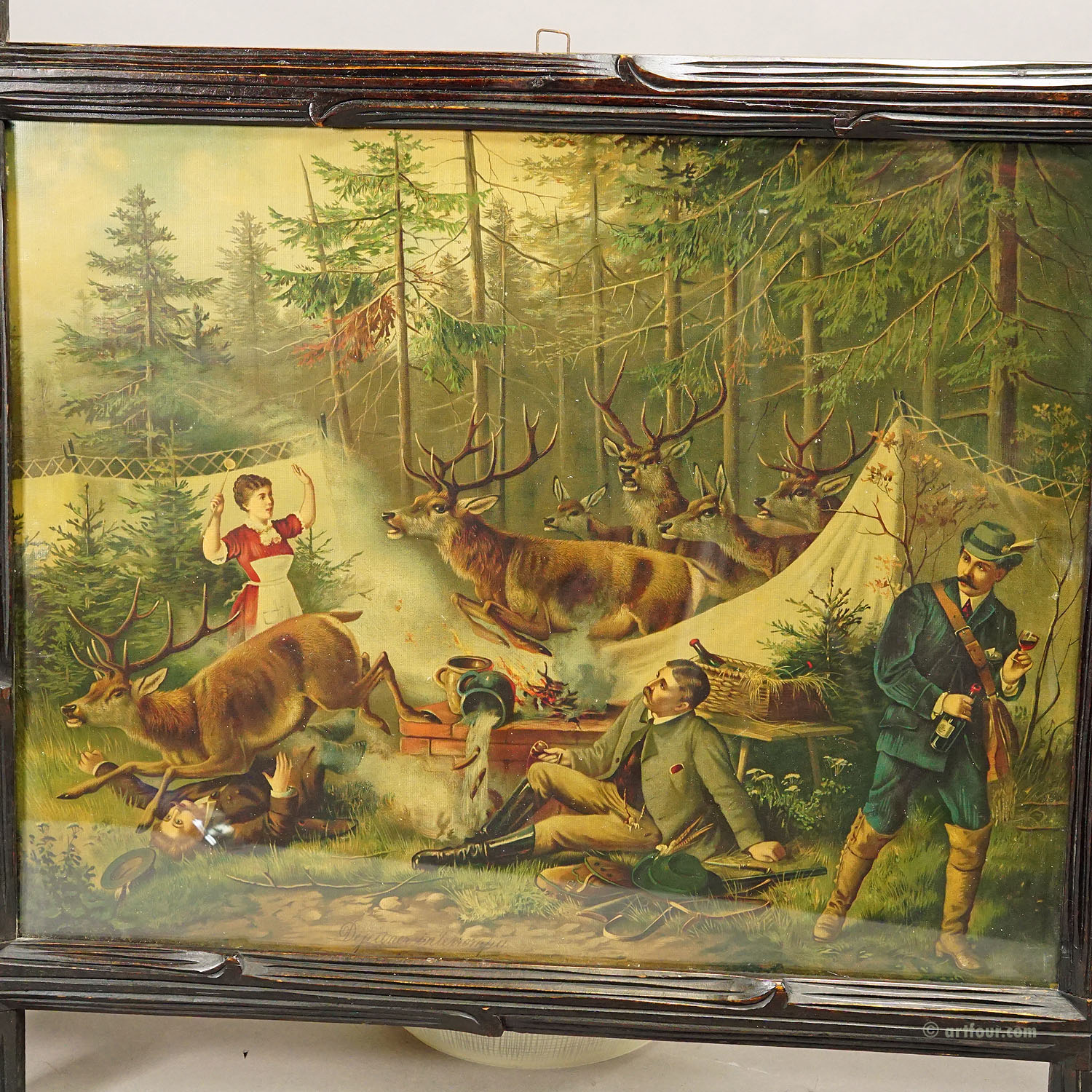 Antique Oil Print with Hunting Party Overrun by Deer 19th