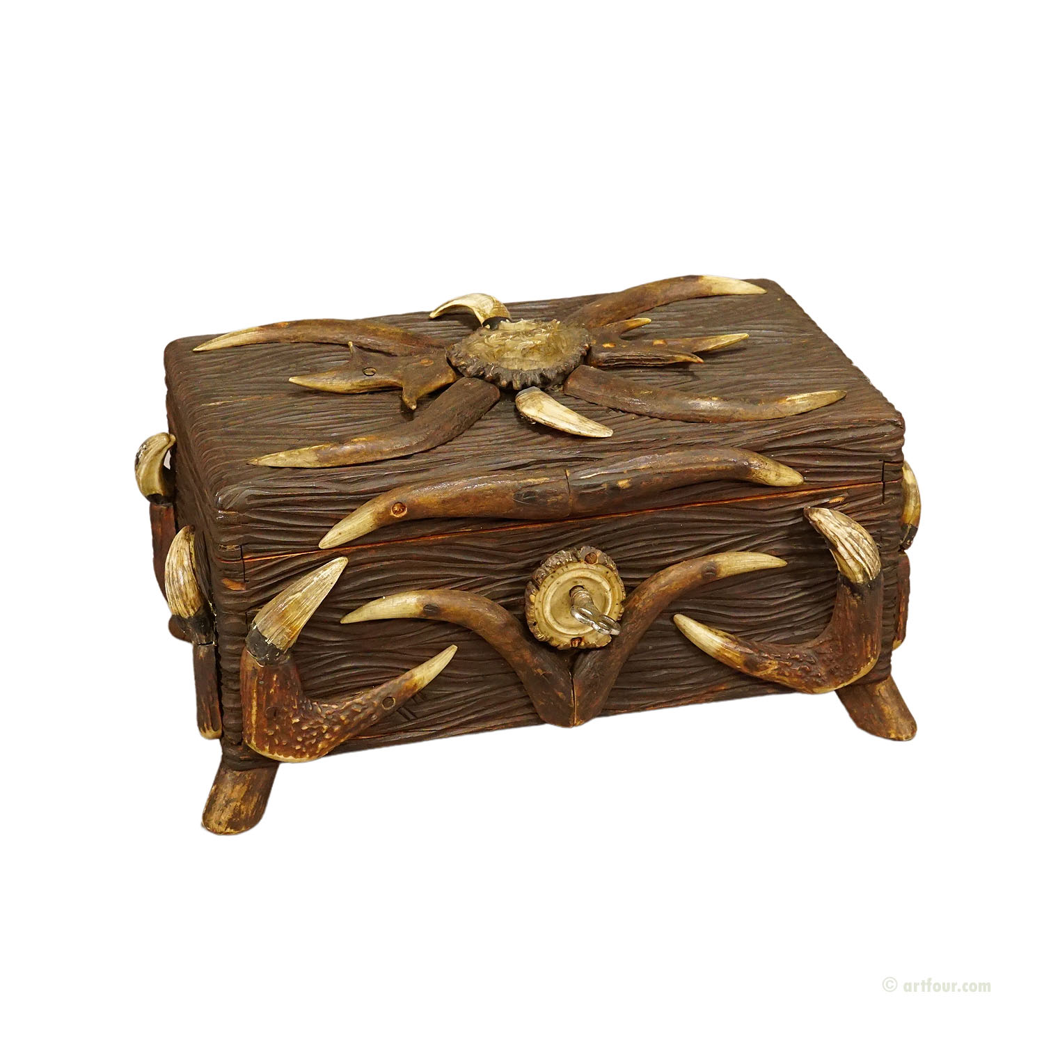 Black Forest Wooden Casket with Antlers Decoration circa 1900s