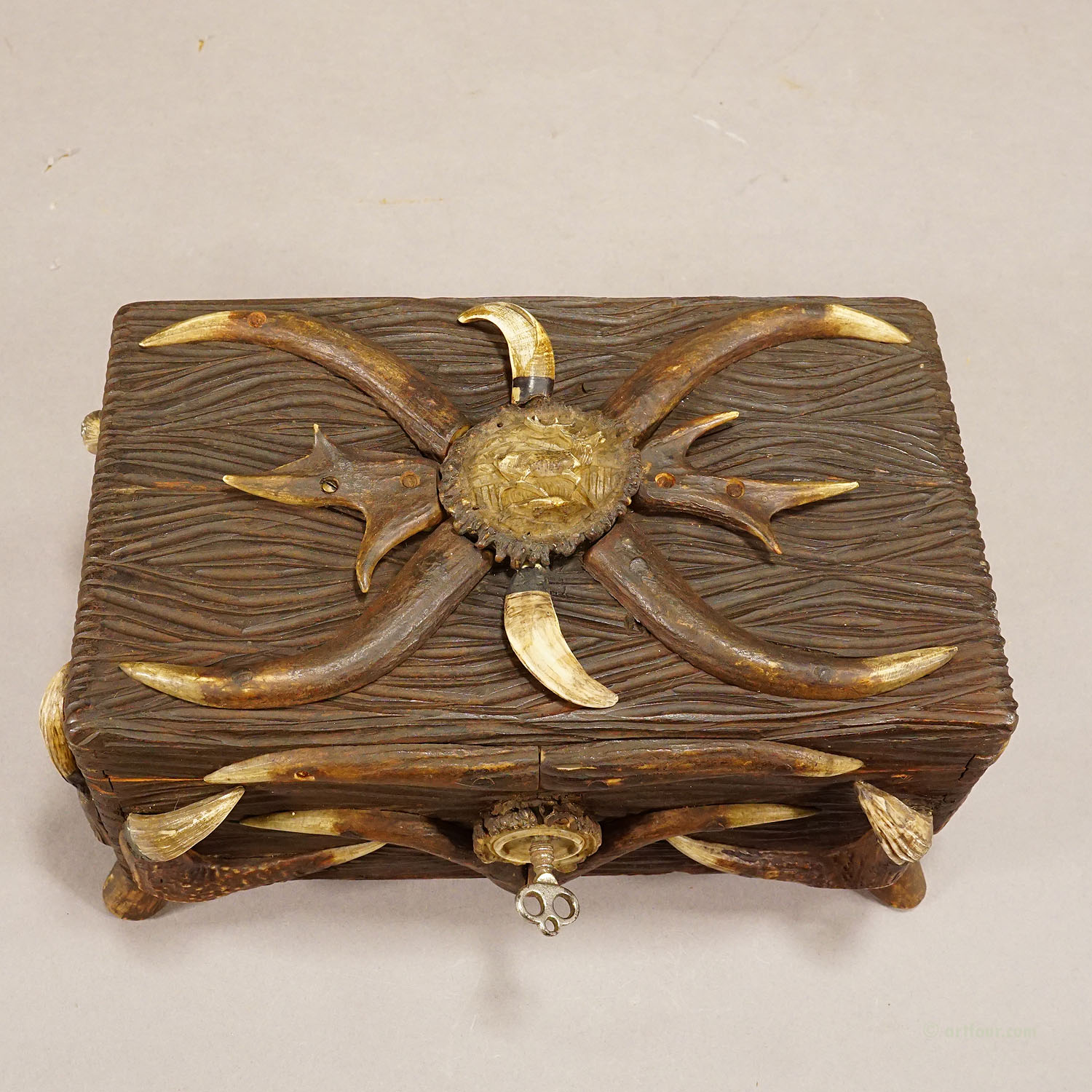 Black Forest Wooden Casket with Antlers Decoration circa 1900s