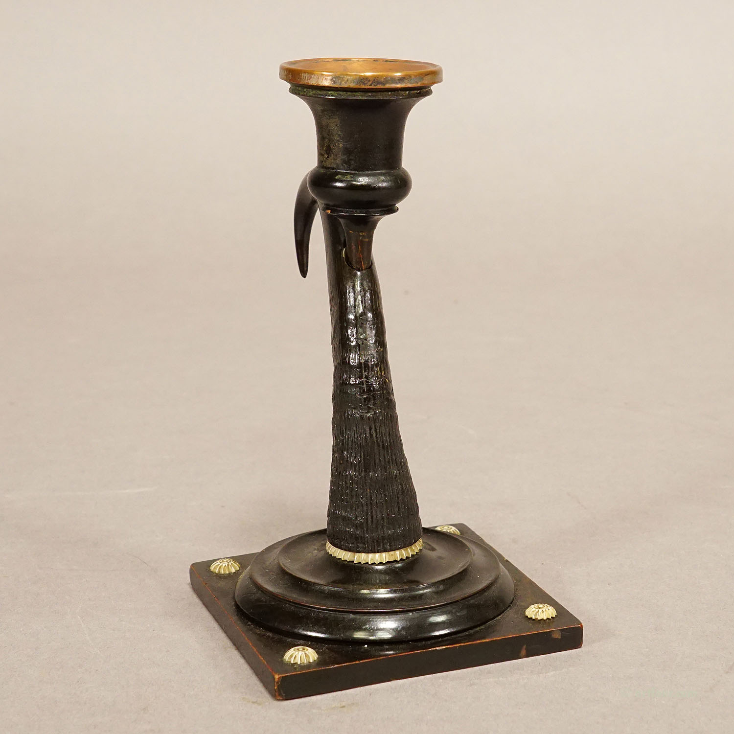 Antique Candle Stick With Real Chamois Horn, 19th Century