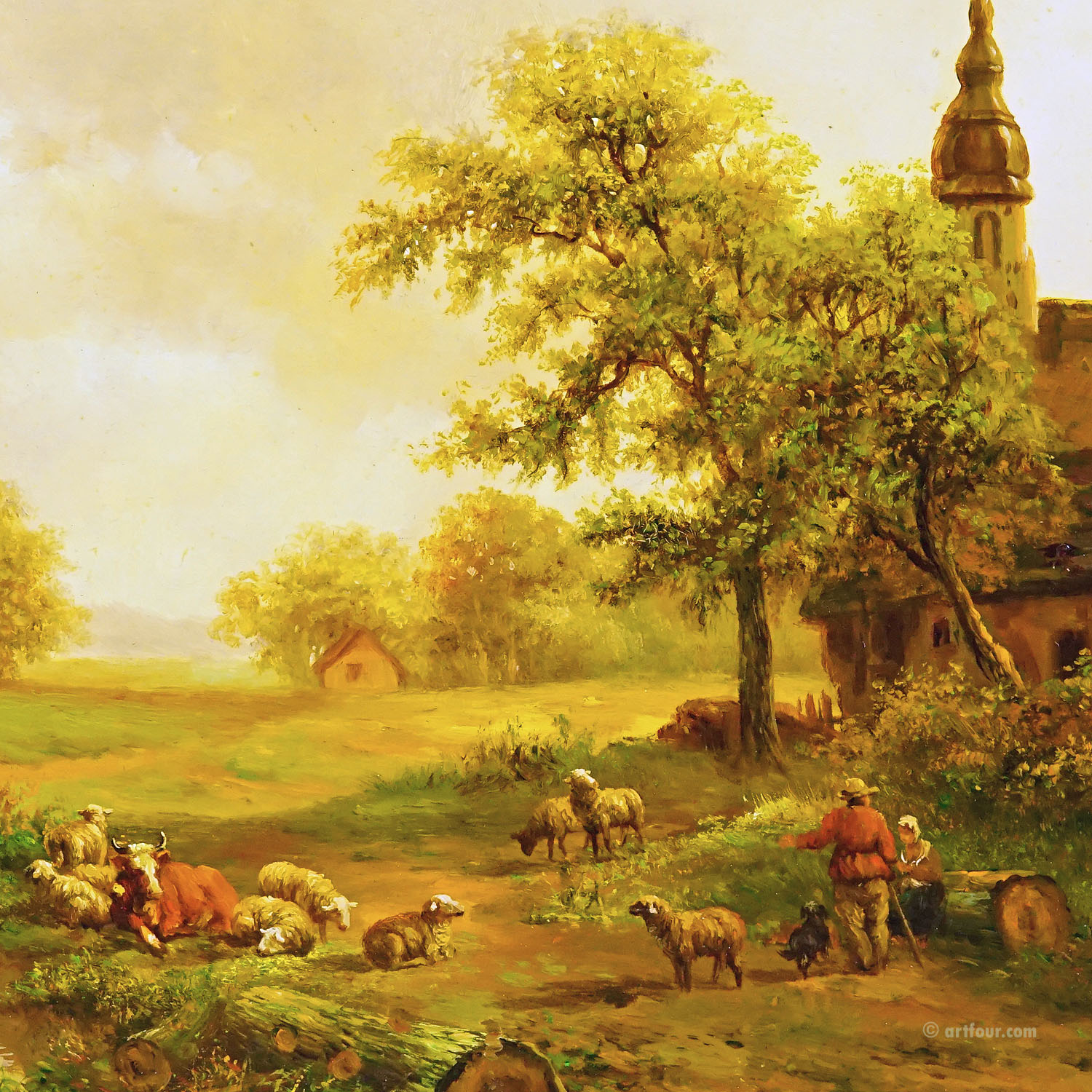 Shepherd with Herd in a Victorian Landscape, Oil on Wood 19th century