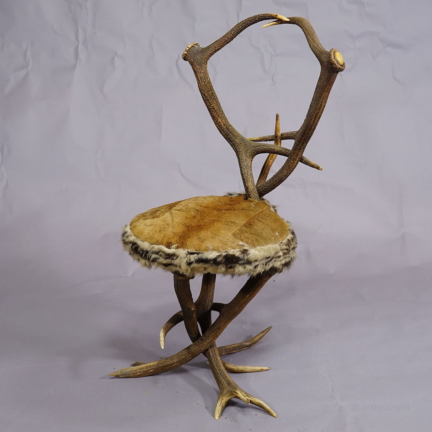 Black Forest Antler Parlor Chair with Deer Fur Cover 19th century