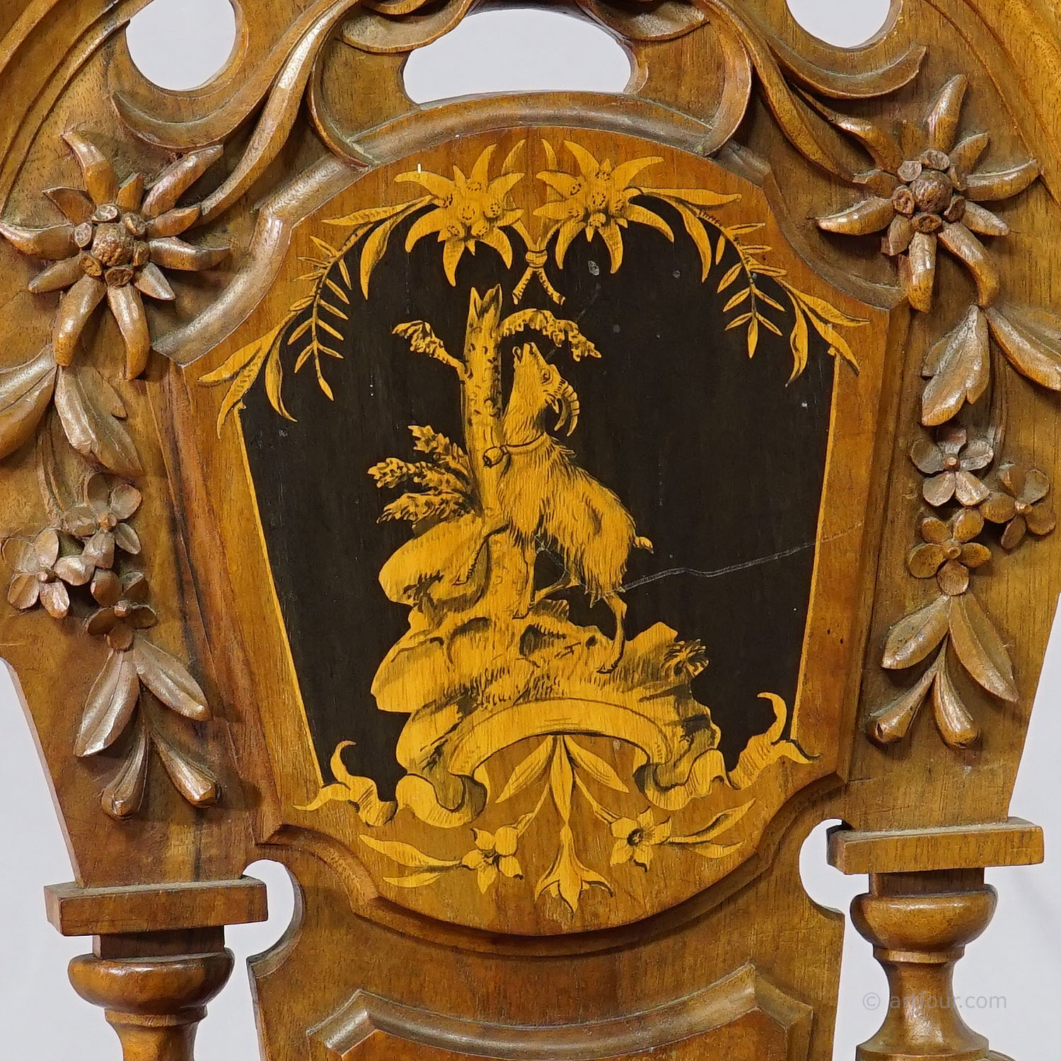 Nutwood Edelweis Marquetry Chair Swiss Brienz 1900
