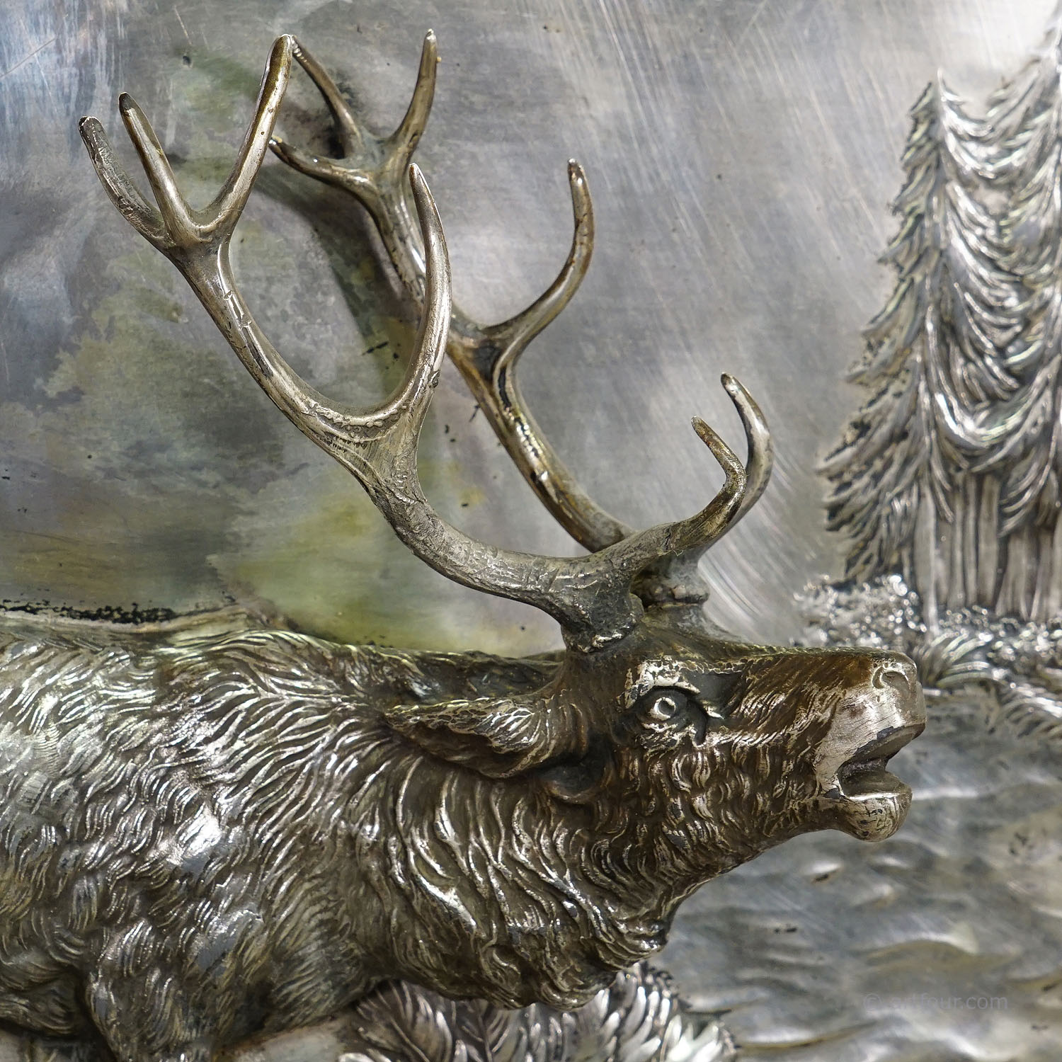 Antique Silvered Metal Relief Featuring a Stag and a Doe