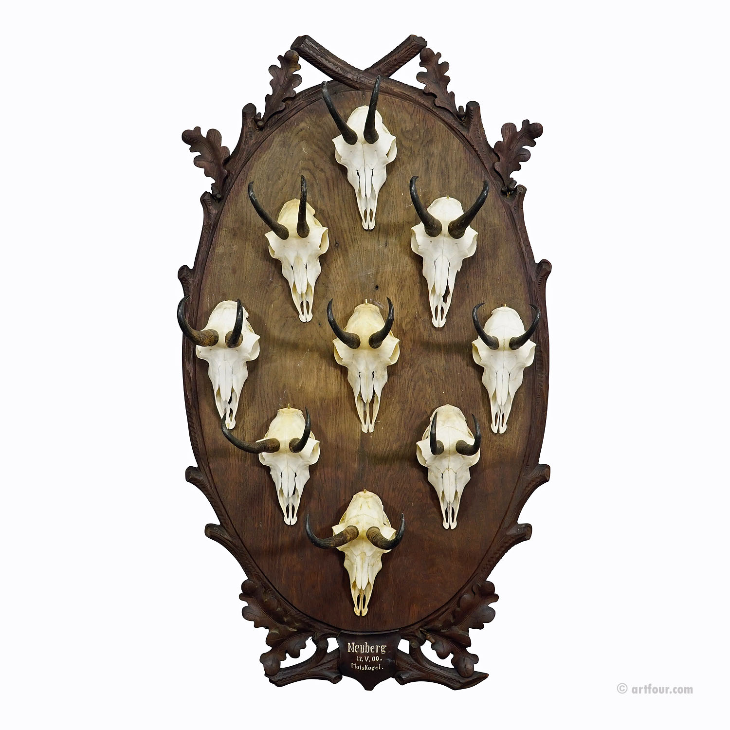 Large Wooden Carved Plaque with Chamois Trophies, Germany 1900