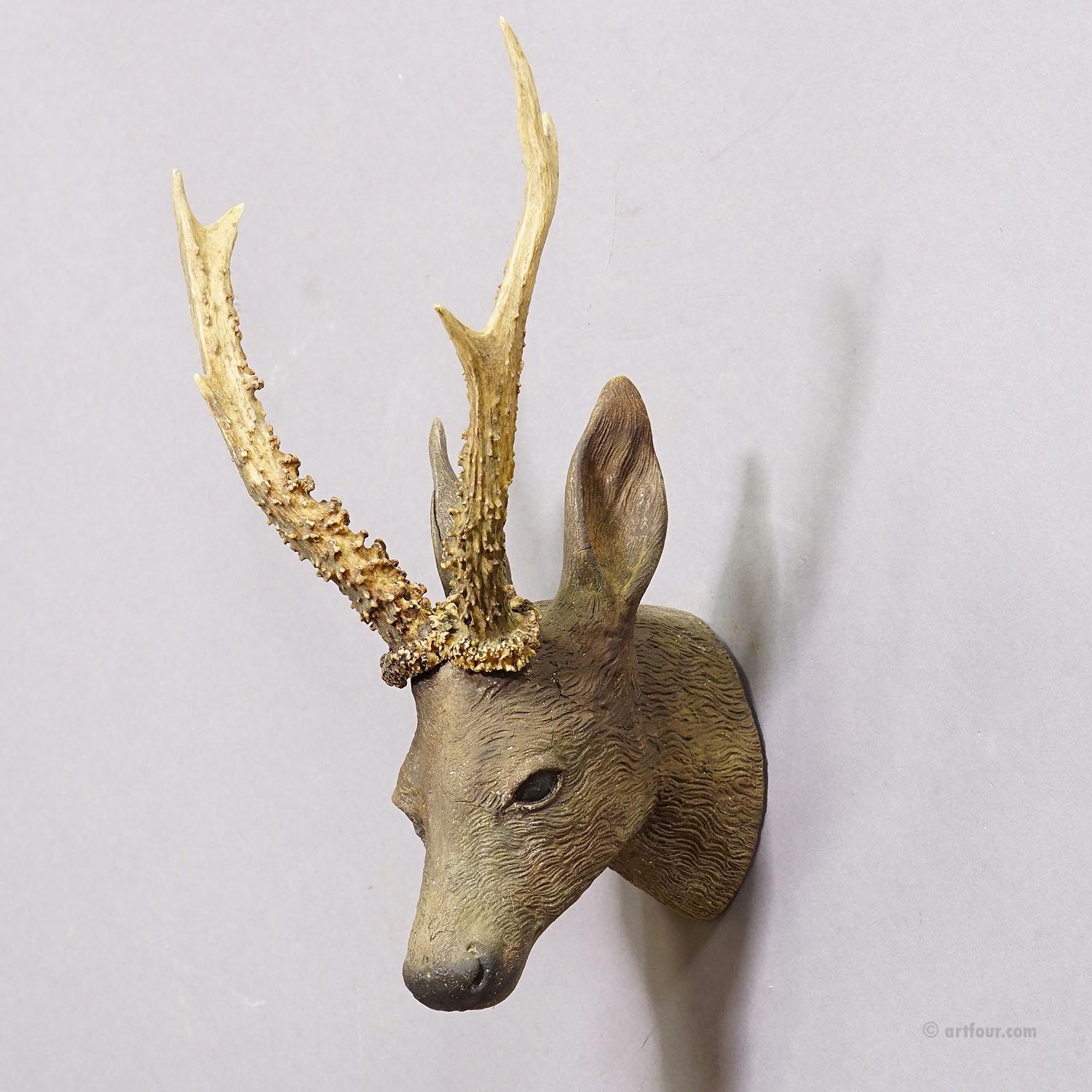 Antique Black Forest Plaster and Wood Deer Head ca. 1900s