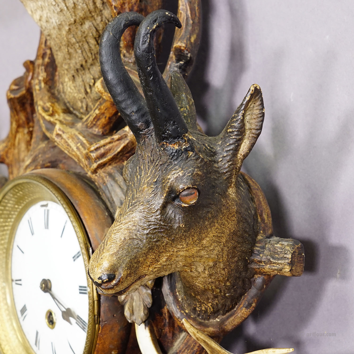 Antique Cabin Antler Wall Clock with Deer and Chamois Austria ca. 1900