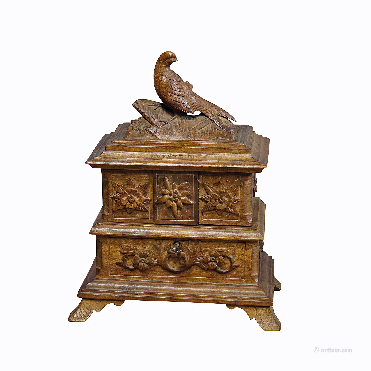 Antique Wooden Carved Edelweis Jewelry Box with Bird, Brienz ca 1900