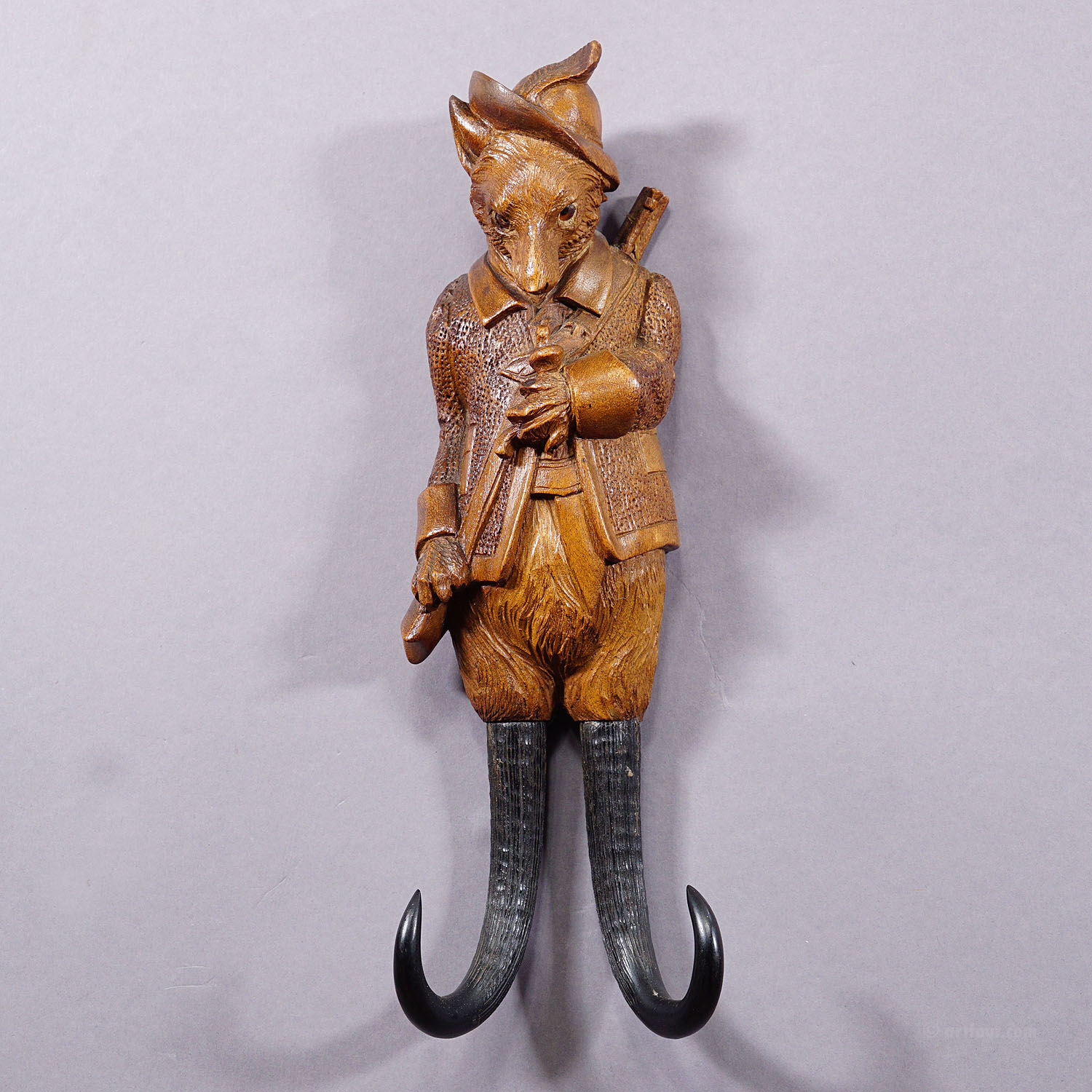 Black Forest Carved Fox Whip Holder or Wall Hook