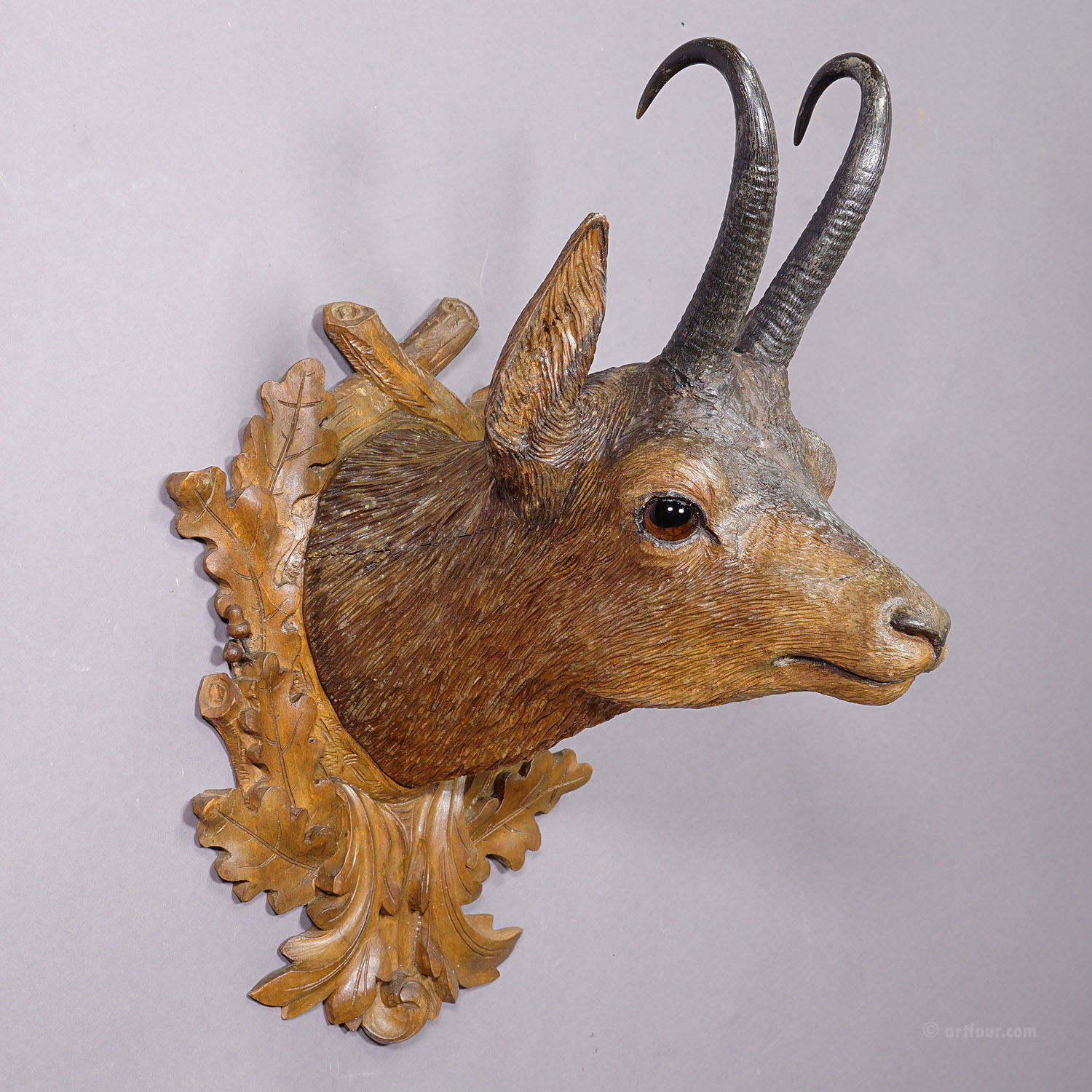 Large Naturalistic Black Forest Carved Chamois Head, ca. 1910