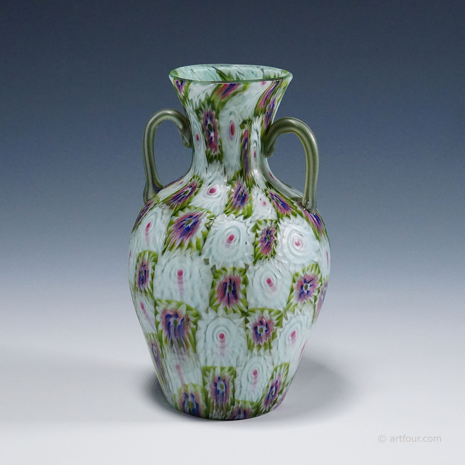 Antique Murrine Vase with Handles, Fratelli Toso Murano ca. 1920s