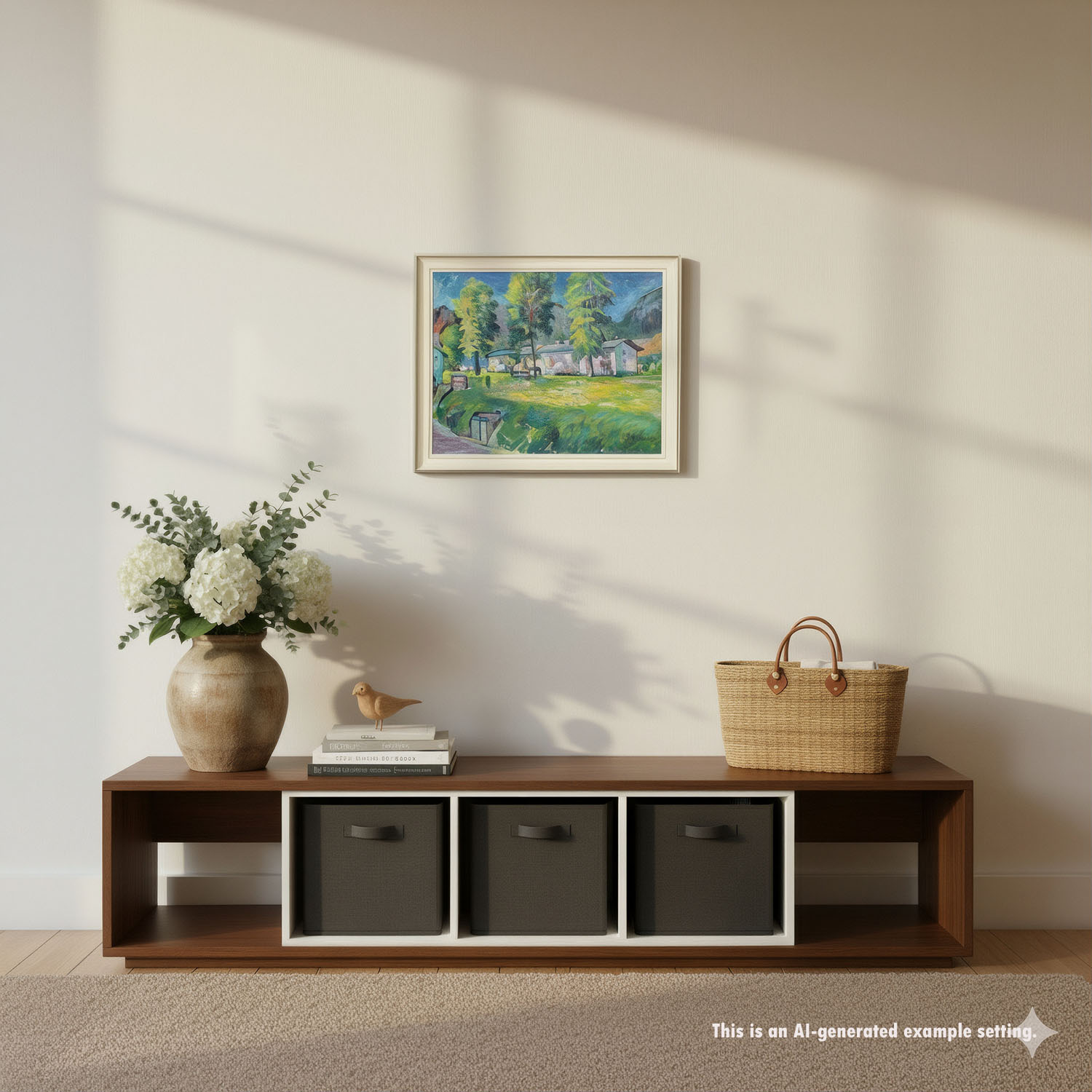 Impressionistic Painting of a Garden with Buildings in the Background