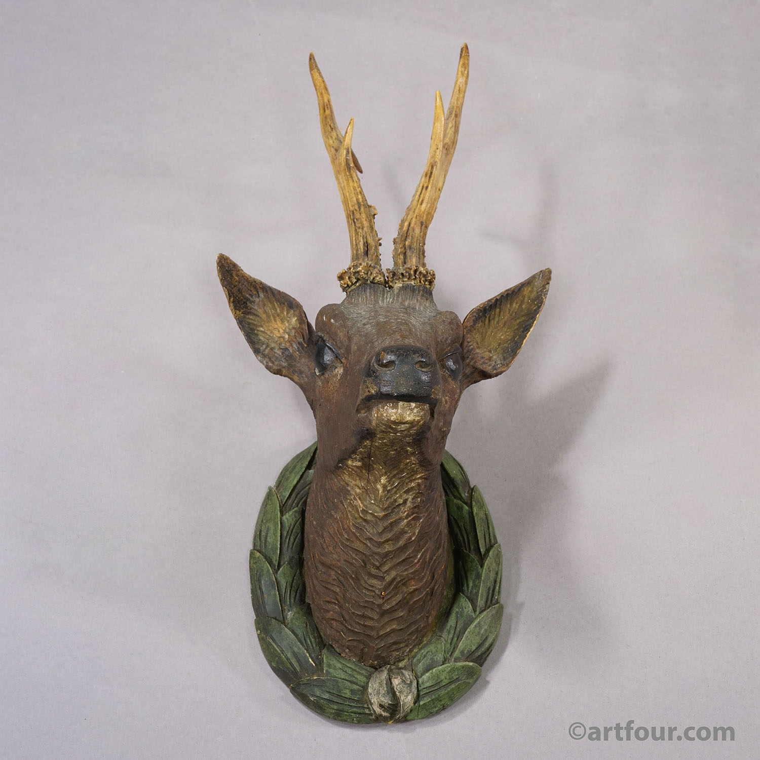 Great Antique Black Forest Wooden Carved Deer Head ca. 1900s