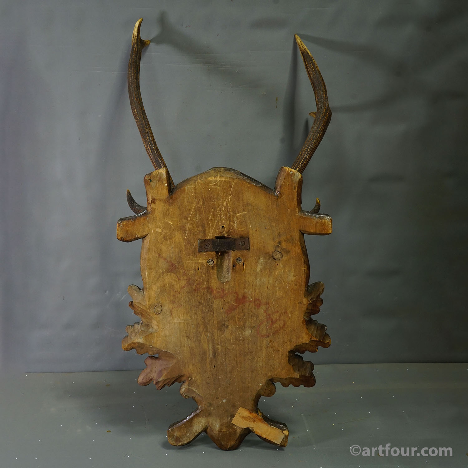 Antique Black Forest Red Deer Trophy on Carved Plaque - Germany 1930s