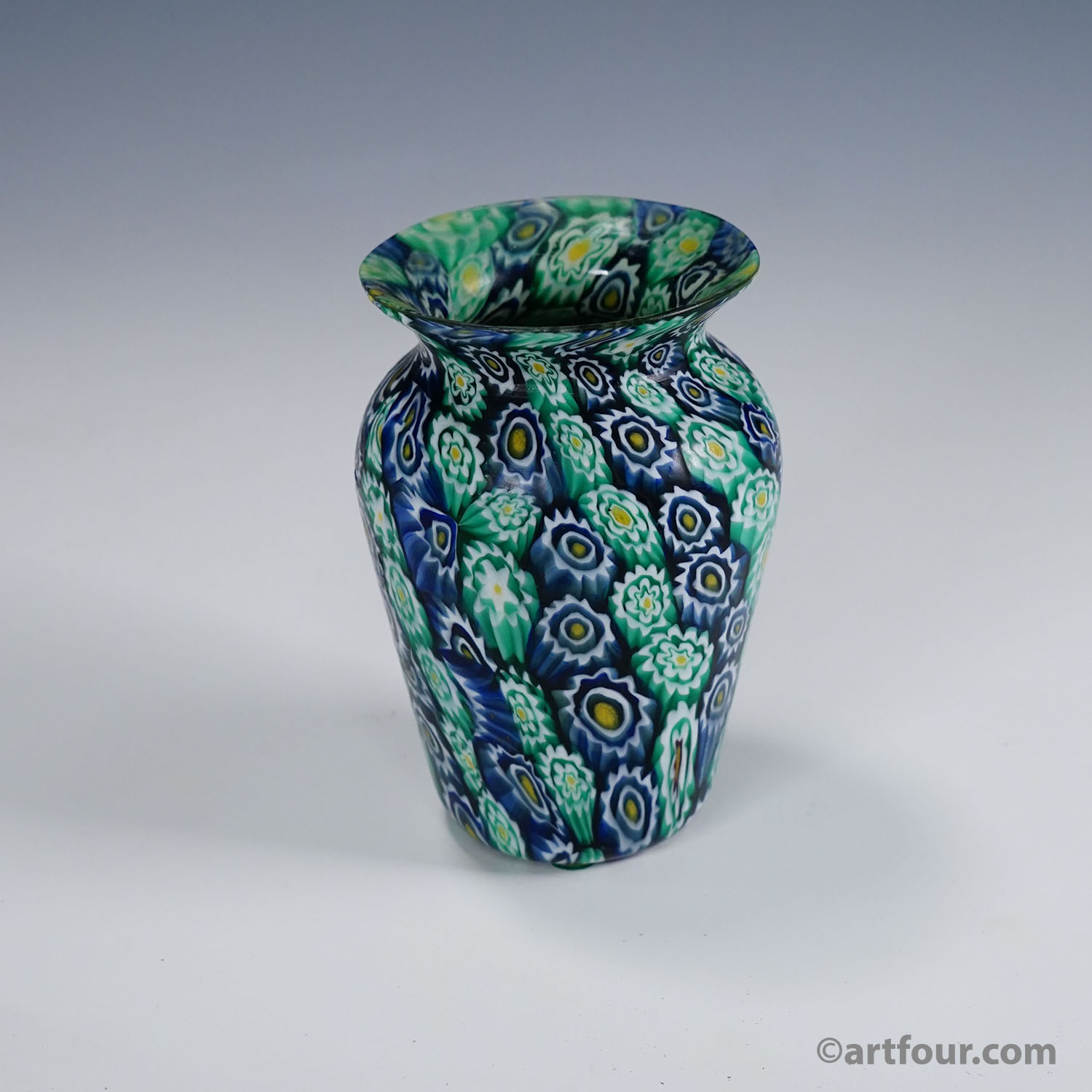 Antique Millefiori Vase Green Blue, Fratelli Toso Murano ca. 1920s