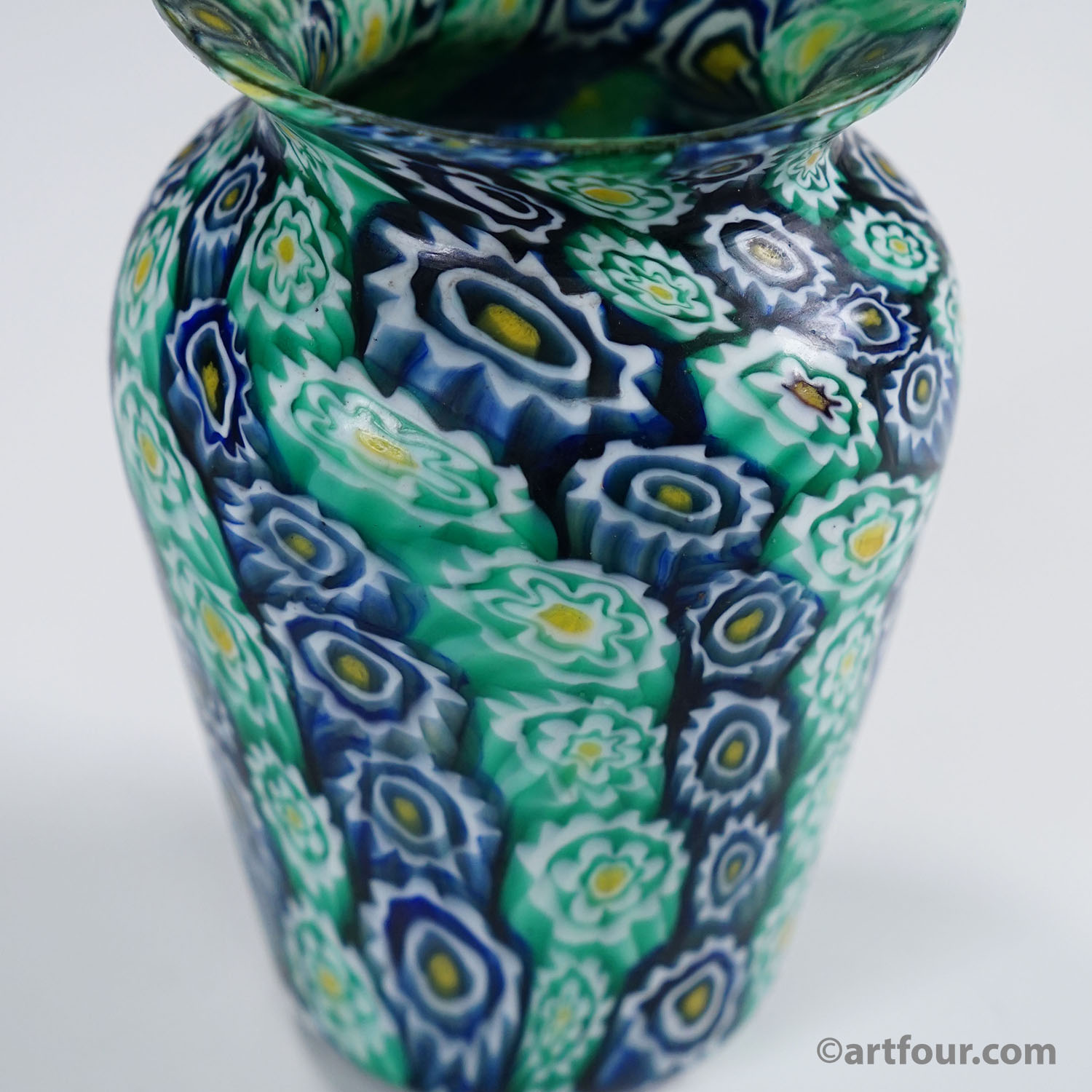 Antique Millefiori Vase Green Blue, Fratelli Toso Murano ca. 1920s