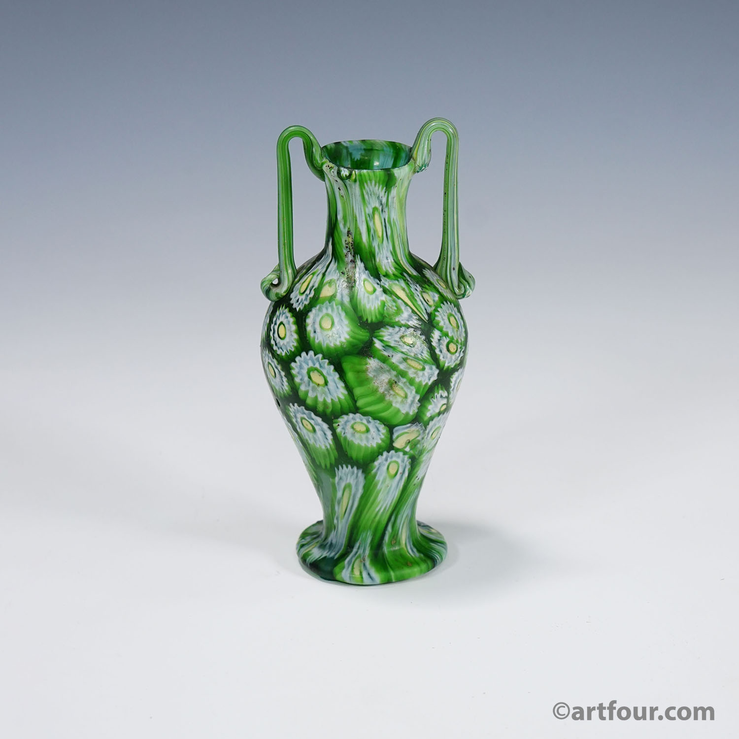 Antique Millefiori Vase Green with Handles, Fratelli Toso Murano ca. 1920s