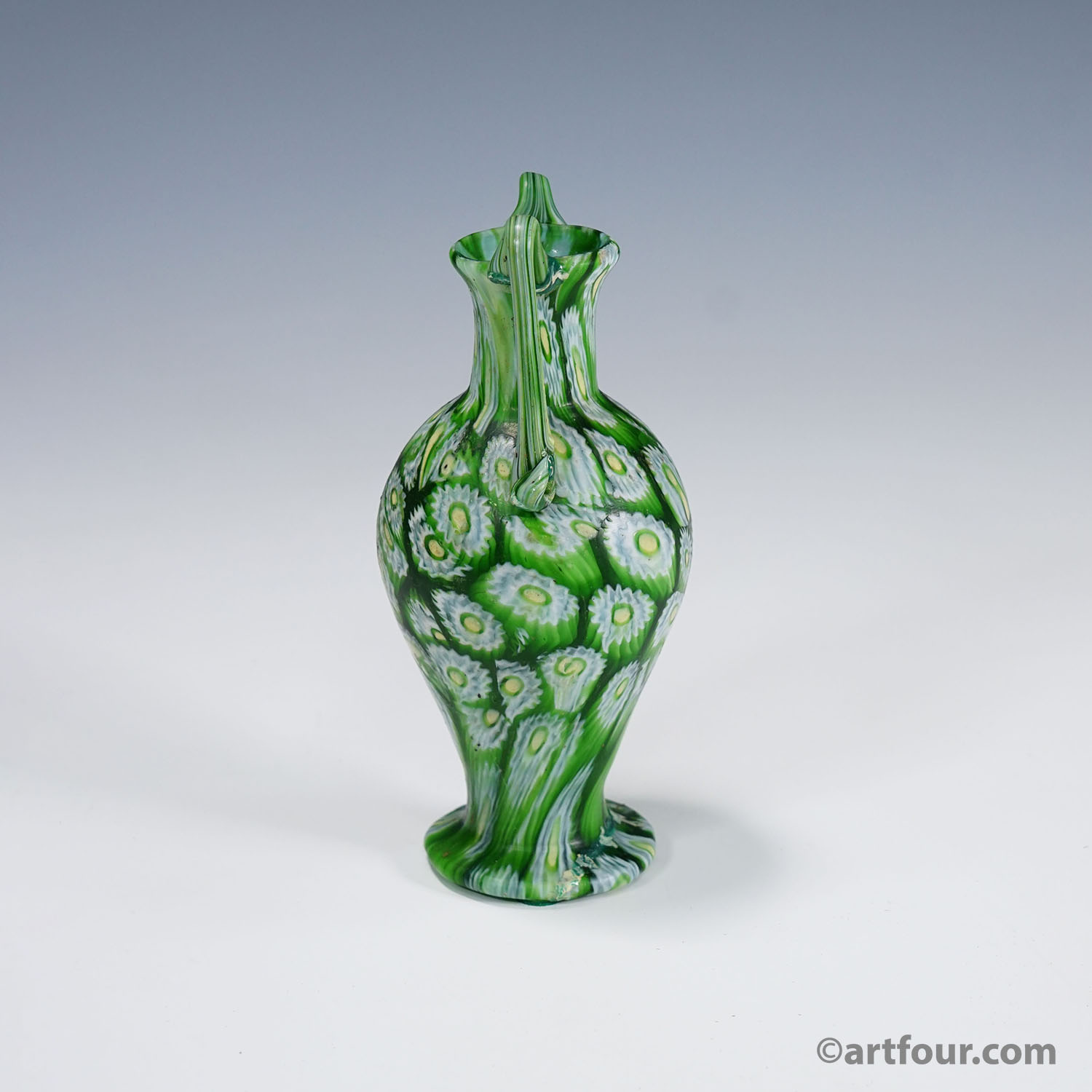 Antique Millefiori Vase Green with Handles, Fratelli Toso Murano ca. 1920s
